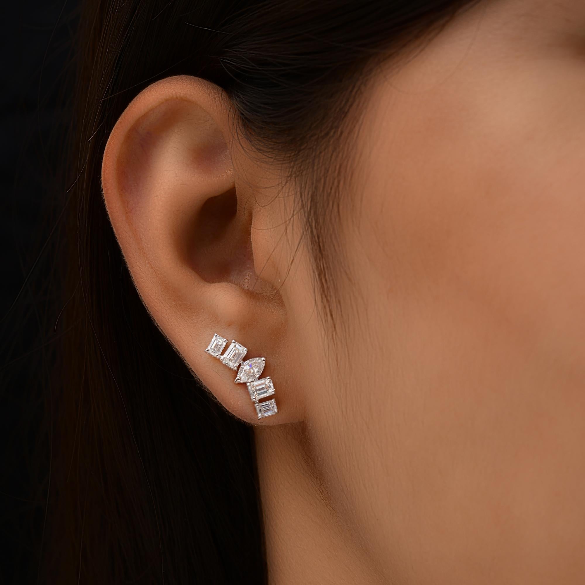 Women's 2.39 Carat SI/H Marquise Emerald Cut Diamond Curve Earrings 18 Karat White Gold For Sale
