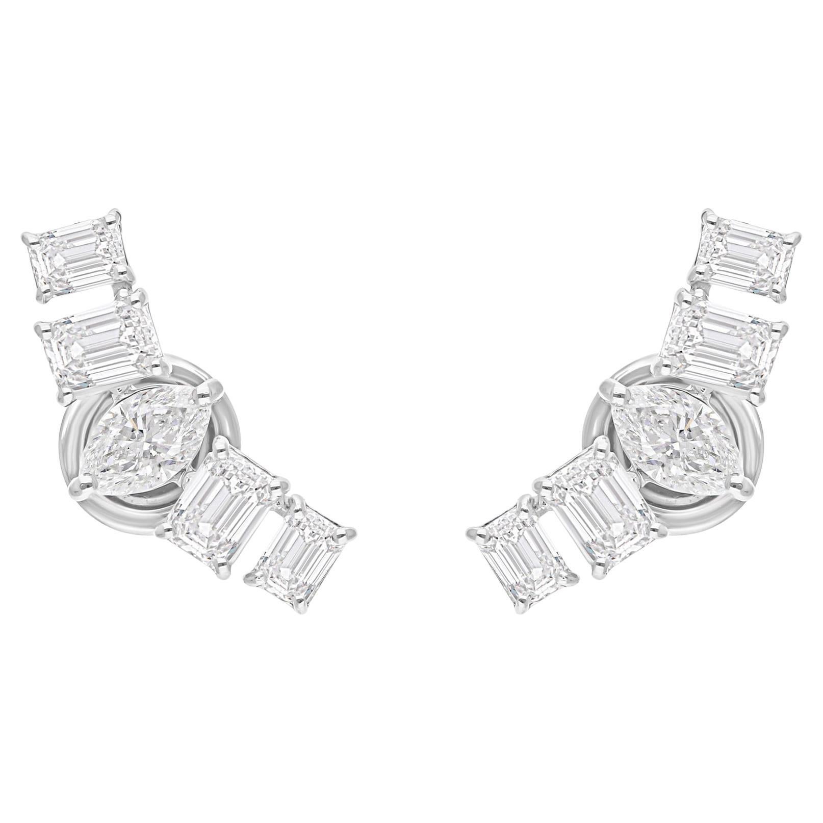 2.39 Carat SI/H Marquise Emerald Cut Diamond Curve Earrings 18 Karat White Gold For Sale