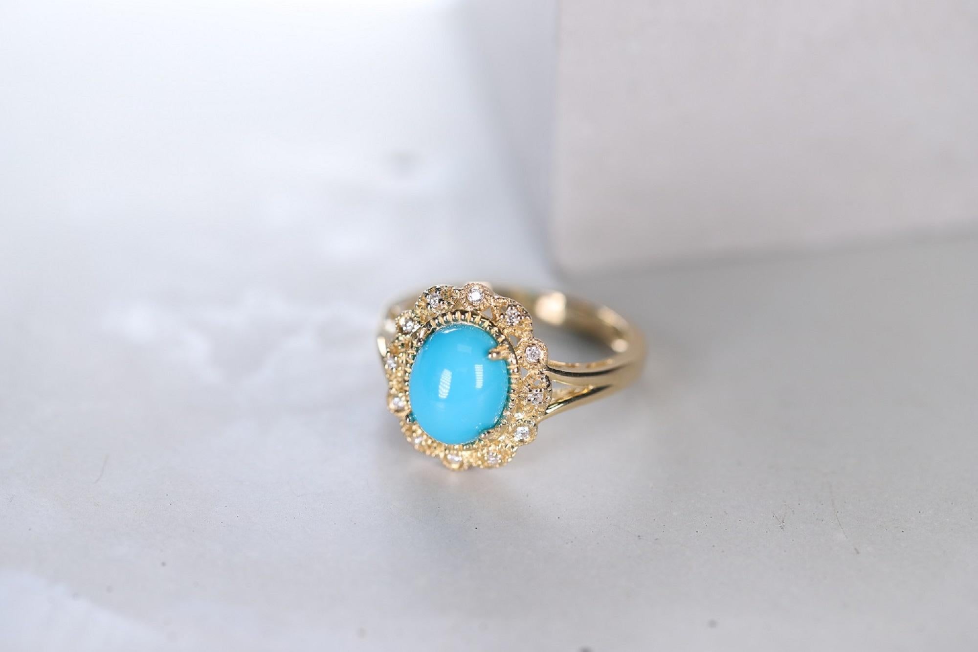 Stunning, timeless and classy eternity Unique Ring. Decorate yourself in luxury with this Gin & Grace Ring. The 14k Yellow Gold jewelry boasts Oval-Cab Prong Setting Turquoise (1 pcs) 2.39 Carat, along with Round-cut White Diamond (12 Pcs) 0.09