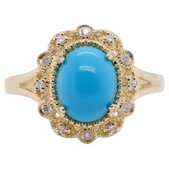 2.39 Carat Turquoise and 0.09 Carat Round Diamond 14 Karat Yellow Gold Ring