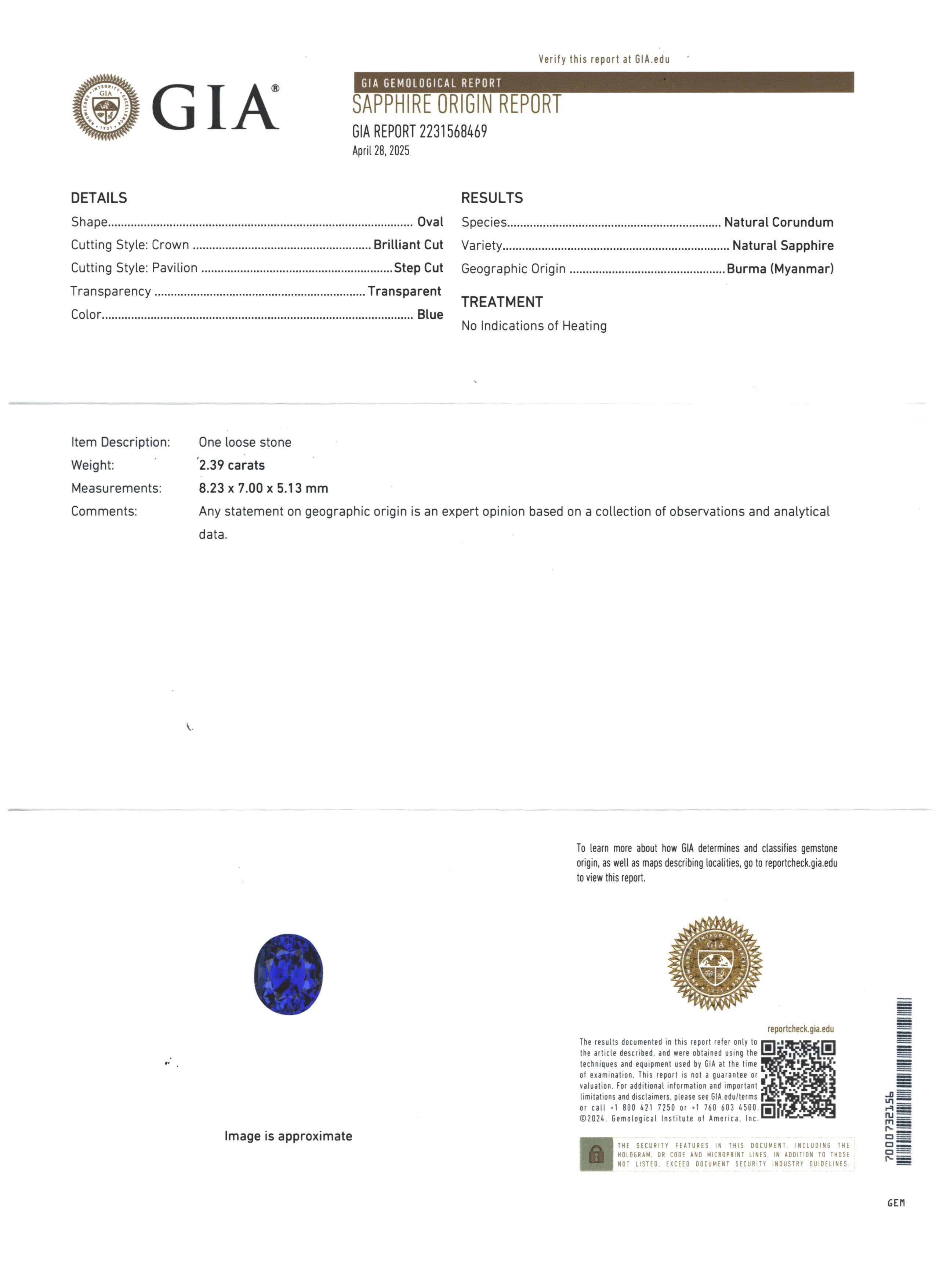 This gorgeous 2.39 carat unheated natural blue Burmese sapphire is absolutely stunning! It is a beautifully proportioned oval with bright medium royal blue color. Since most sapphires must be heated in order to achieve this level of rich, pure blue