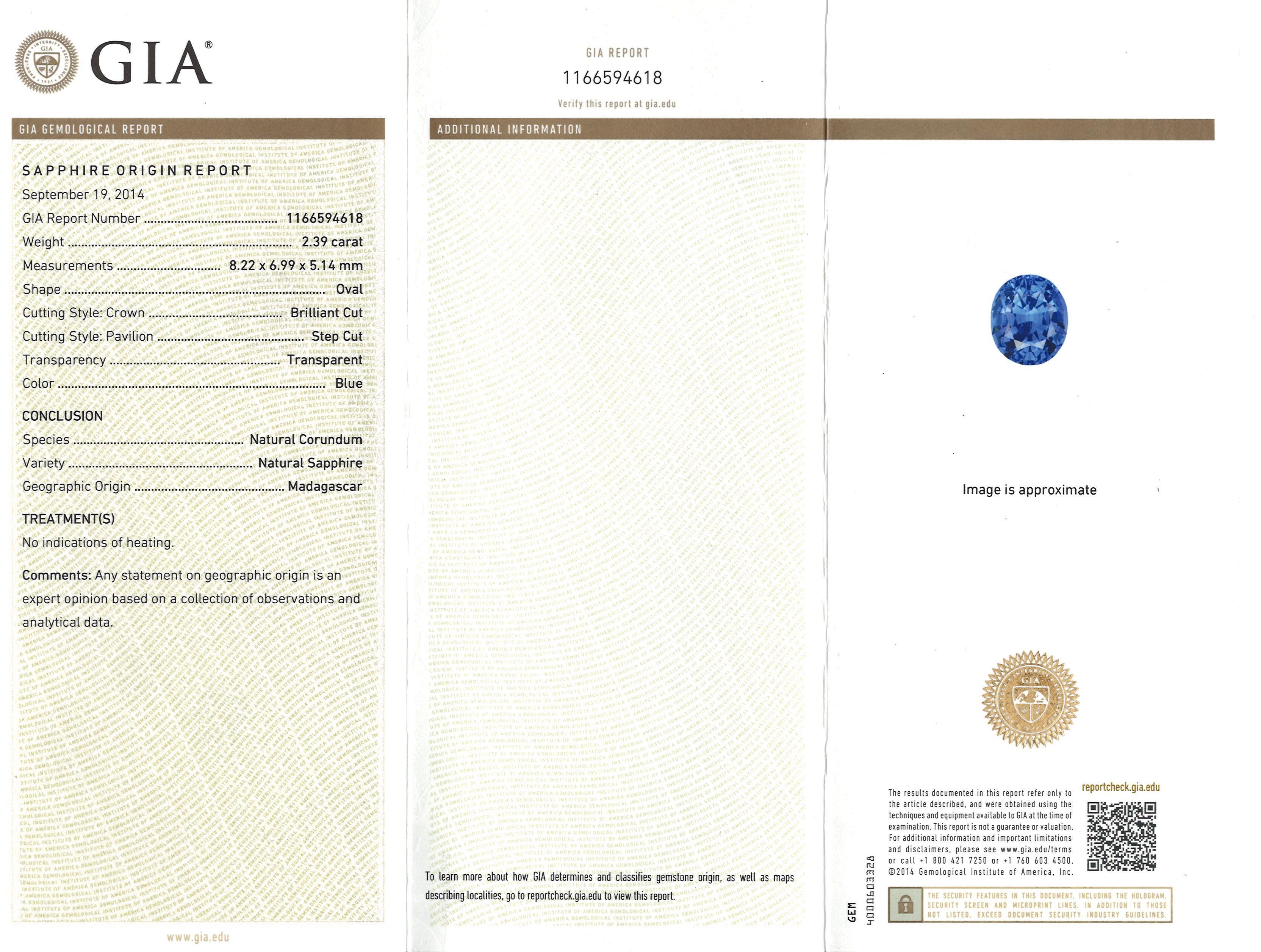 Artisan 2.39 Carat Unheated Madagascar Blue Sapphire, Loose Gemstone, GIA Certified For Sale