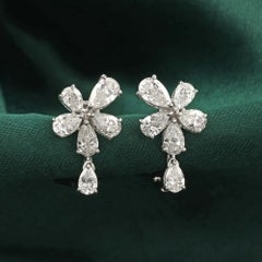 2.39 Ct Natural Pear Diamond Flower Drop Earrings, Pear Dangle, 14K White Gold
