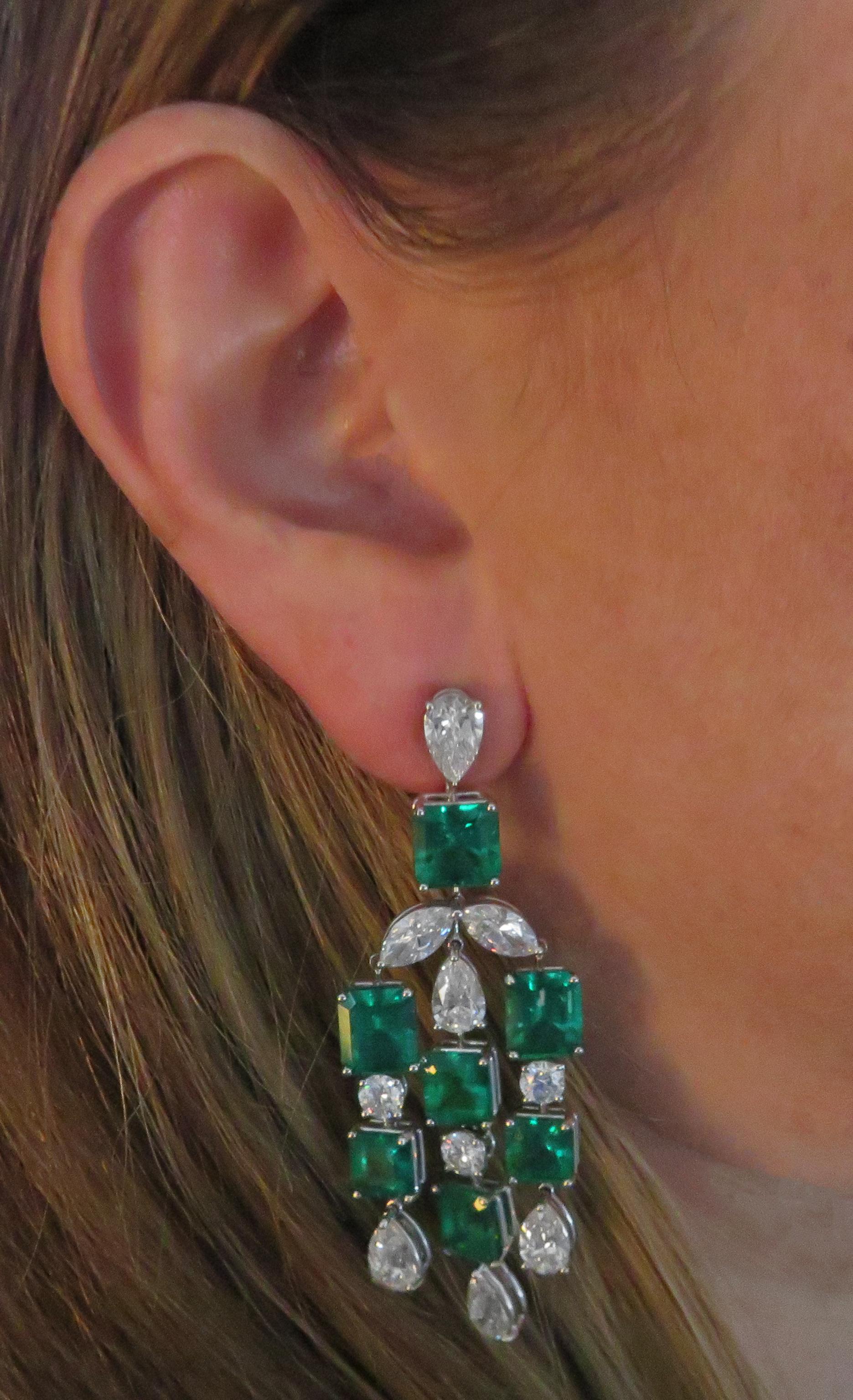 Modern 23.92 Carat Colombian Emerald & Diamond Dangle Earrings For Sale