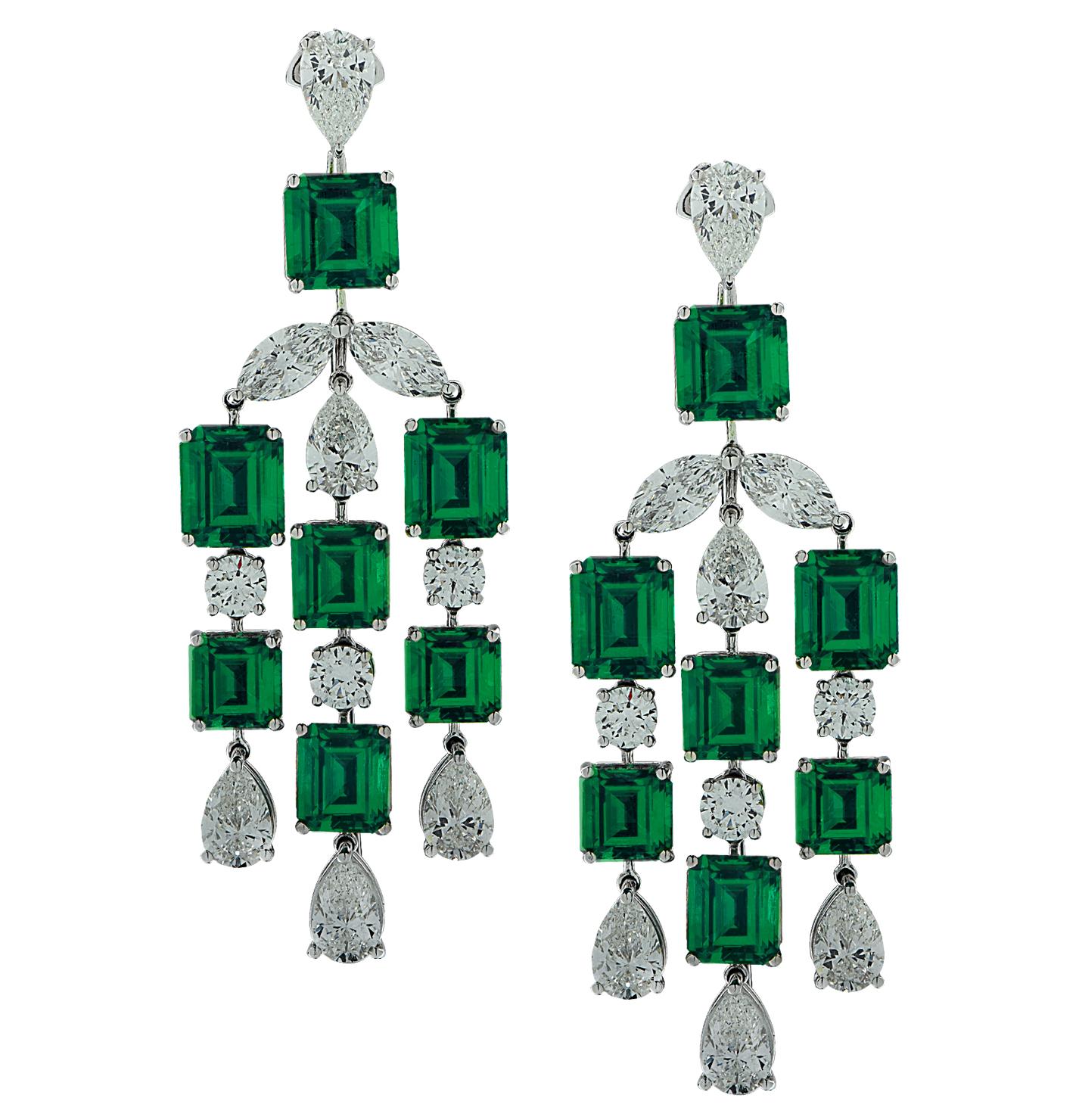 Emerald Cut 23.92 Carat Colombian Emerald & Diamond Dangle Earrings For Sale