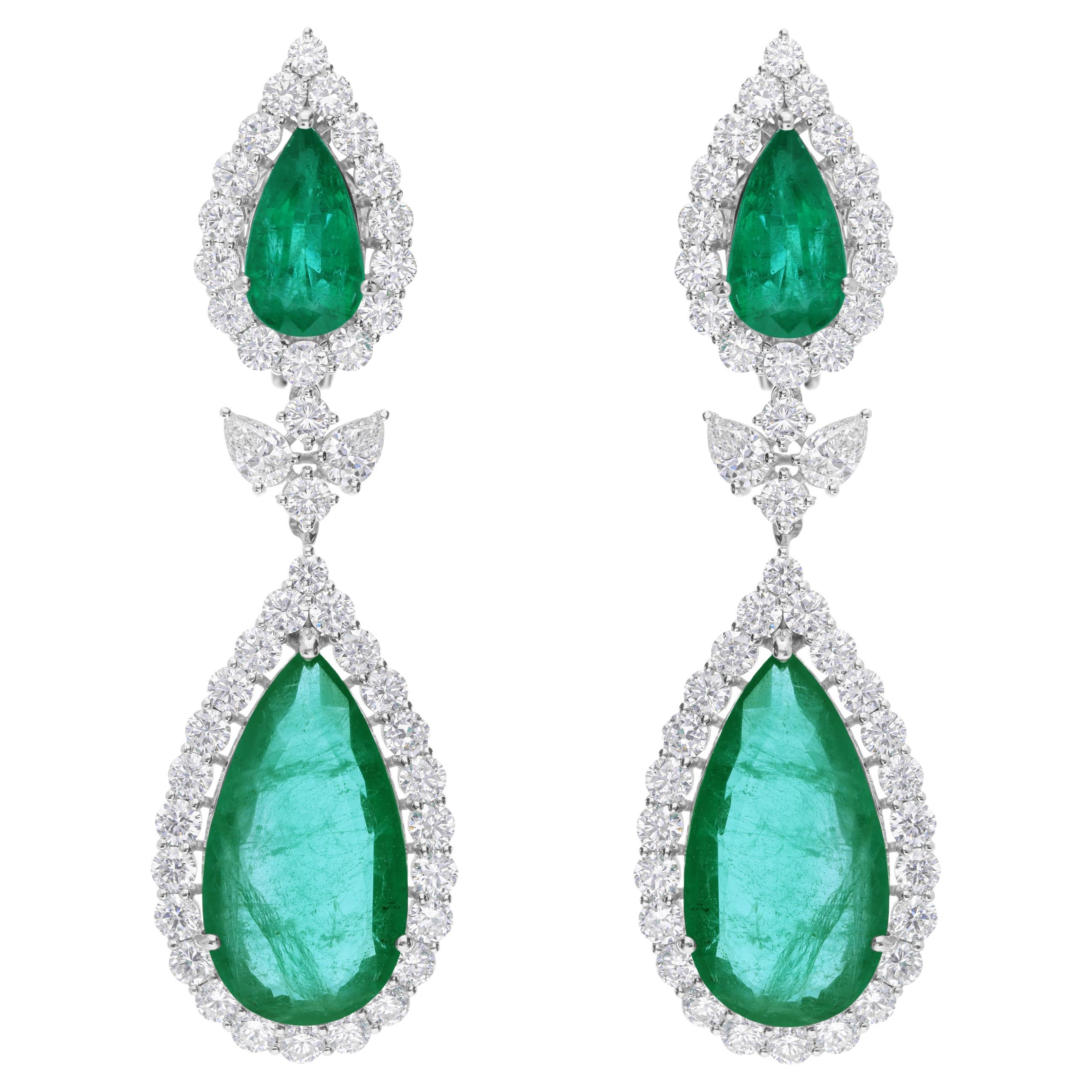 23.92 Carat Zambian Emerald 6.64 Carat SI/H Diamond Earrings 18 Karat White Gold