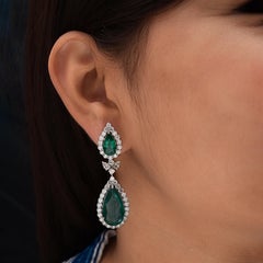 23.92Ct Zambian Emerald 6.64Ct SI/H Diamond Drop Earrings 14 Karat White Gold