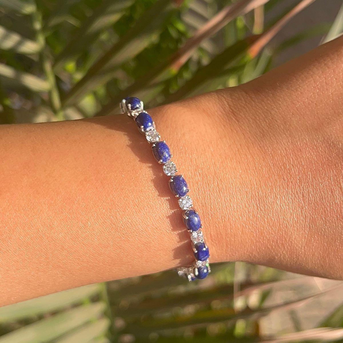 23.95 Ct Oval Cut Lapis Lazuli Prong Set Tennis Bracelet in Silver Mom Jewelry In New Condition For Sale In New York, NY