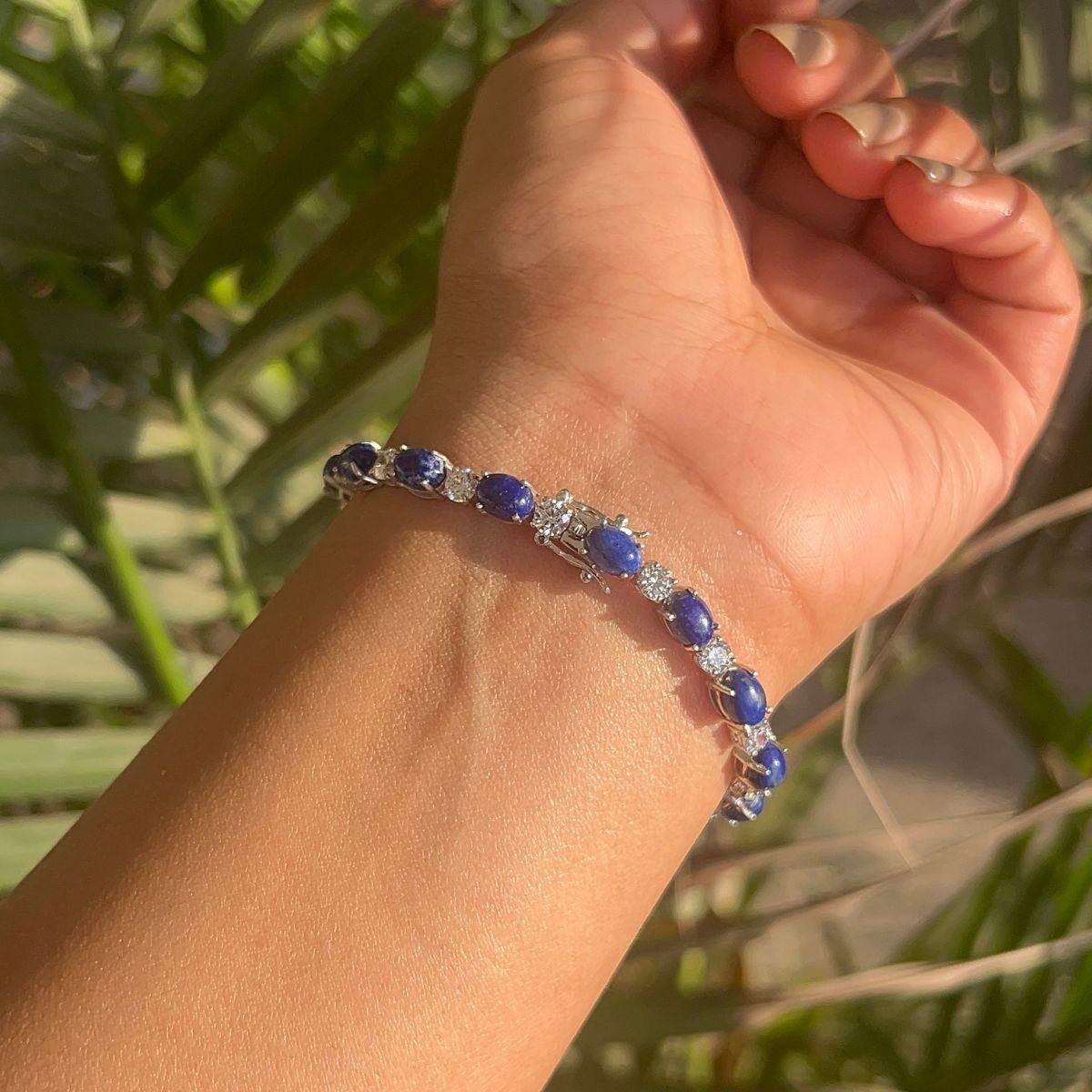 23.95 Ct Oval Cut Lapis Lazuli Prong Set Tennis Bracelet in Silver Mom Jewelry For Sale 3