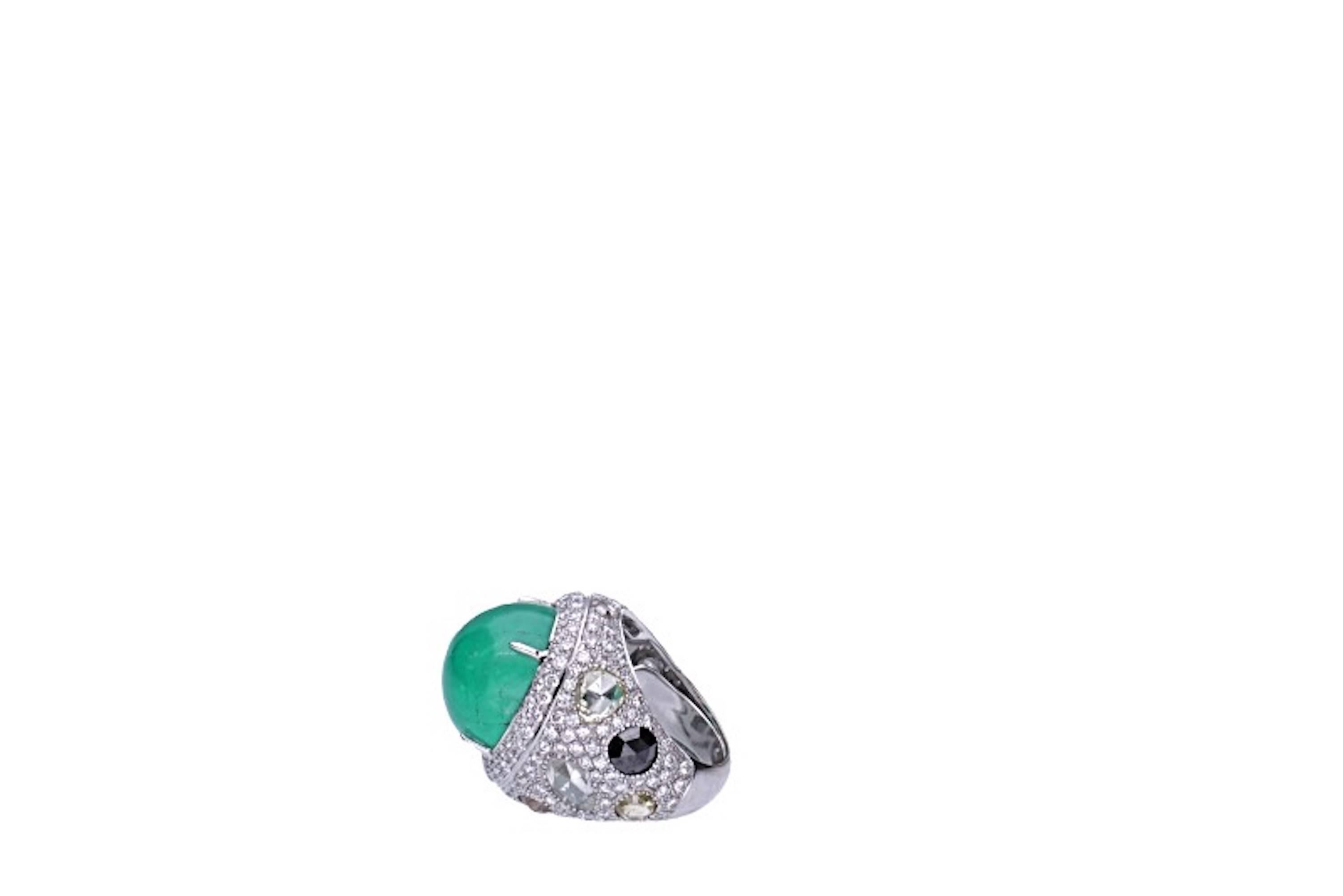 Modern 23.96 Carat Cabochon Emerald Diamond 18 Kt. White Gold Cocktail Ring