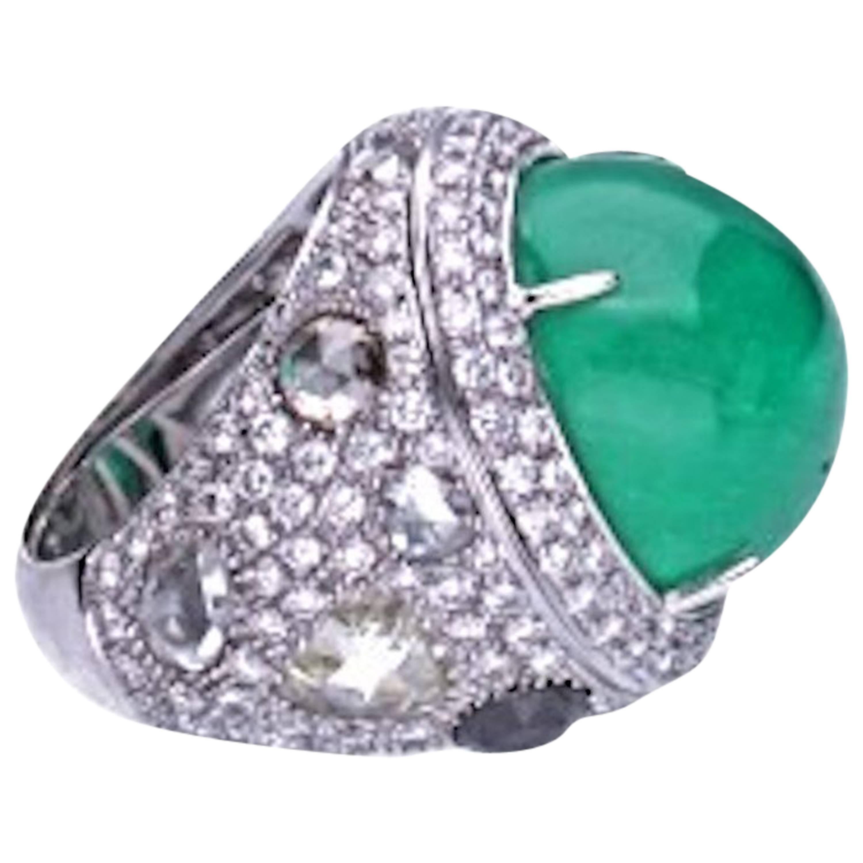23.96 Carat Cabochon Emerald Diamond 18 Kt. White Gold Cocktail Ring