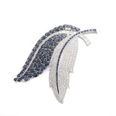 23.97 Carat Blue Sapphire Diamond Feather Brooch Gift in 18k Solid White Gold