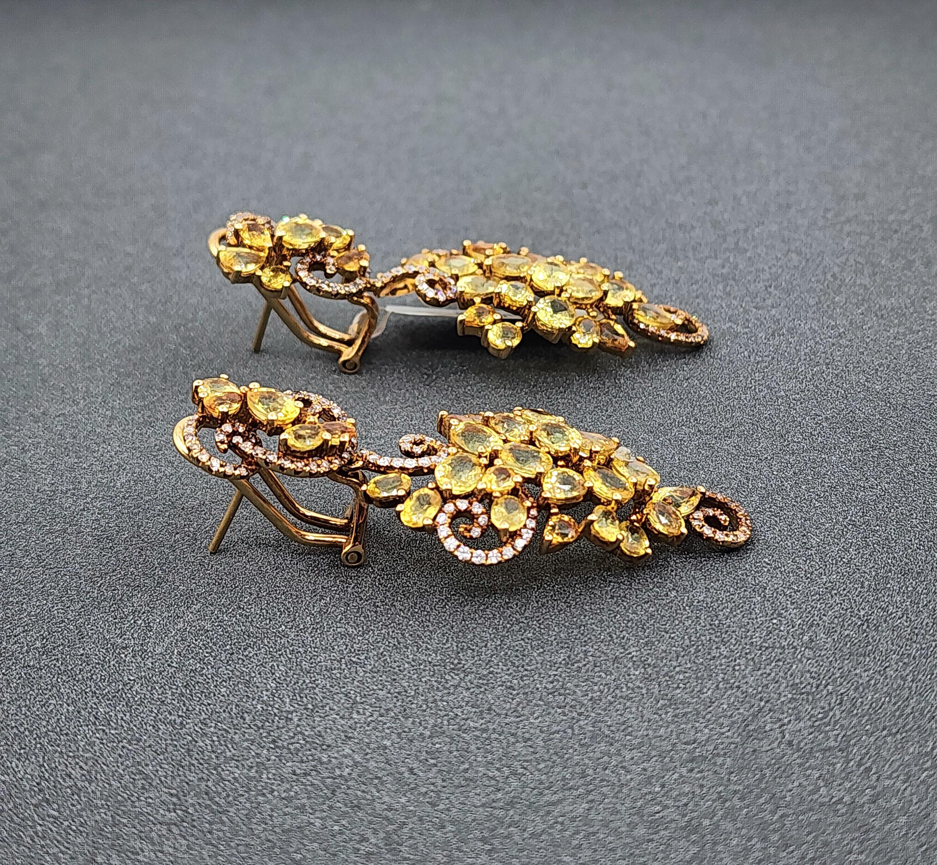 Women's or Men's 23.98 ct Natural Yellow Sapphire & Diamond Dangle Earrings For Sale