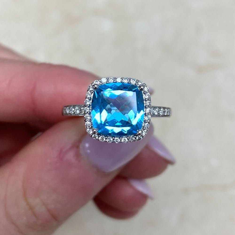 2.39ct Cushion Cut Blue Topaz Engagement Ring, Diamond Halo, 18k White Gold For Sale 6