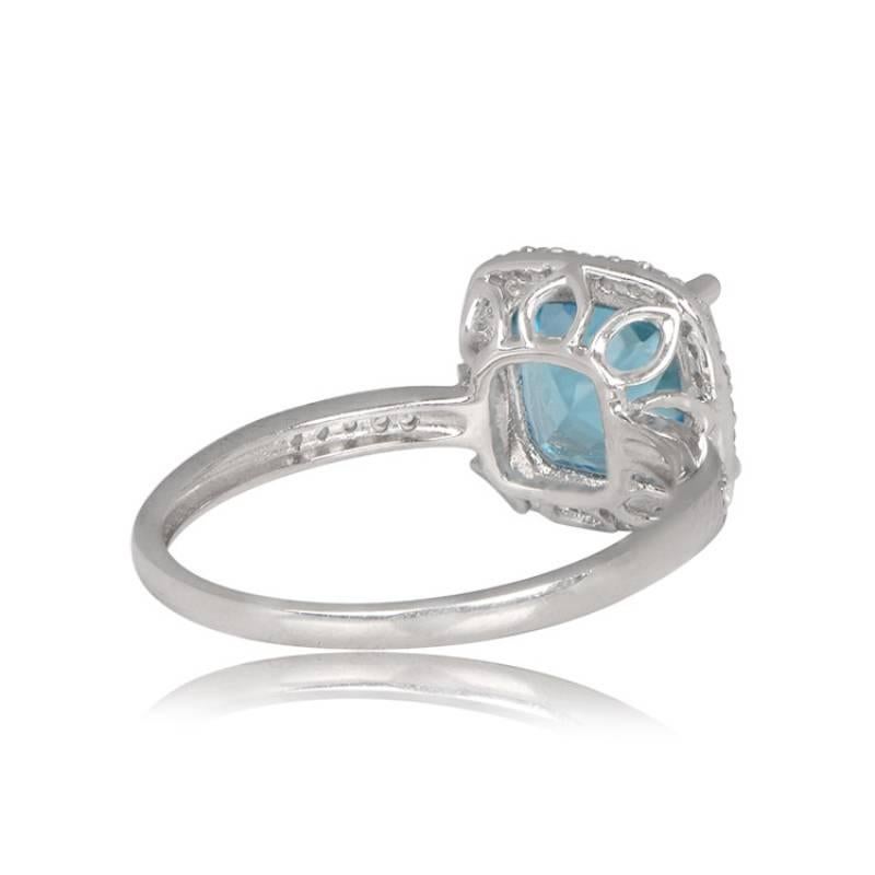 Art Deco 2.39ct Cushion Cut Blue Topaz Engagement Ring, Diamond Halo, 18k White Gold For Sale