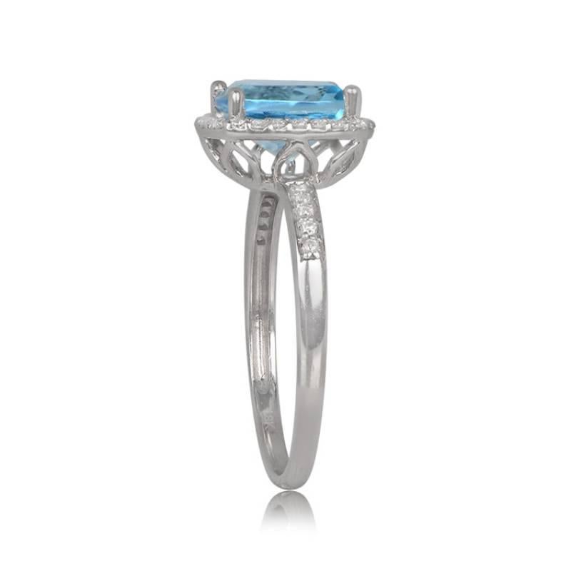 2.39ct Cushion Cut Blue Topaz Engagement Ring, Diamond Halo, 18k White Gold In Excellent Condition For Sale In New York, NY