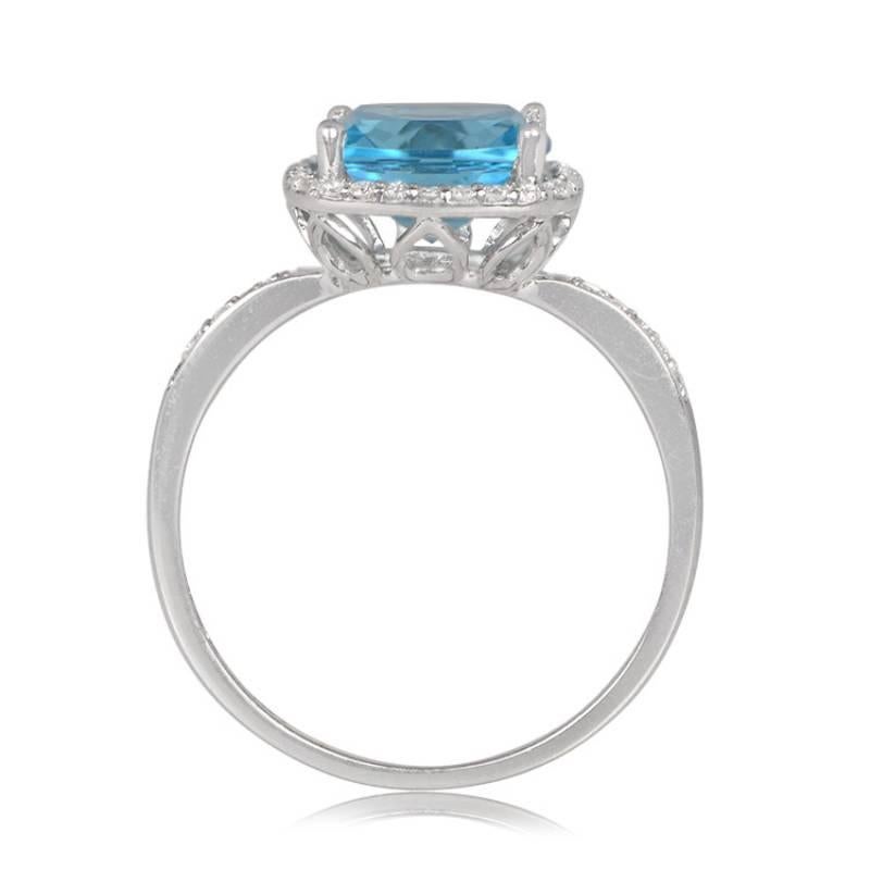 Women's 2.39ct Cushion Cut Blue Topaz Engagement Ring, Diamond Halo, 18k White Gold For Sale