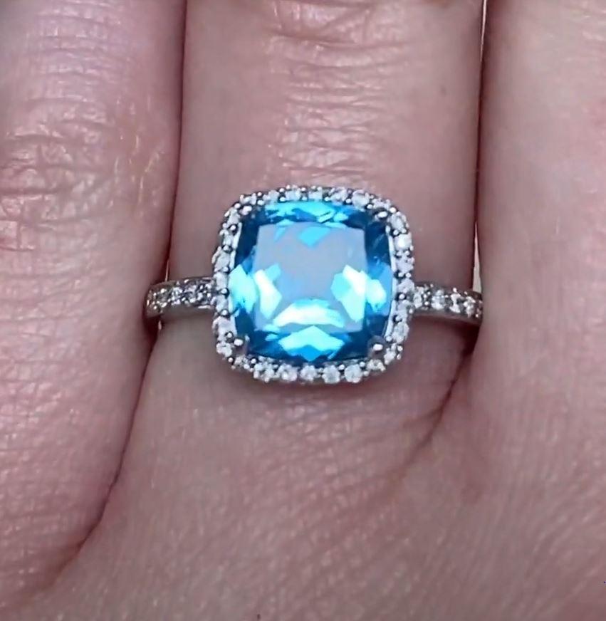 2.39ct Cushion Cut Blue Topaz Engagement Ring, Diamond Halo, 18k White Gold For Sale 1