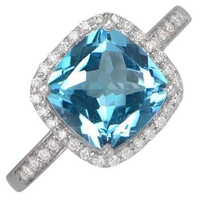 2.39ct Cushion Cut Blue Topaz Engagement Ring, Diamond Halo, 18k White Gold For Sale