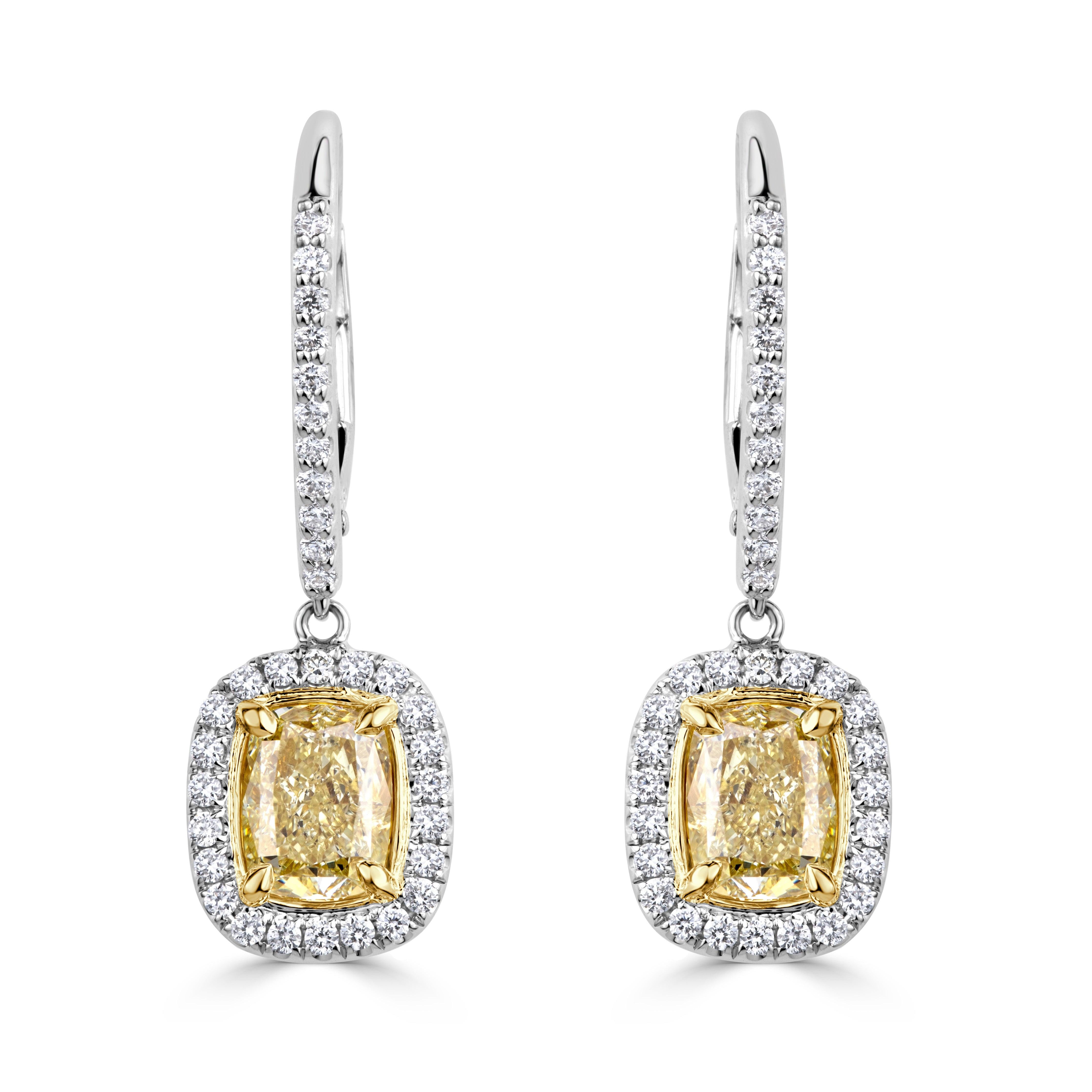 2.39ct Fancy Yellow Cushion Cut Diamond Dangle Earrings For Sale