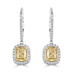 2.39ct Fancy Yellow Cushion Cut Diamond Dangle Earrings