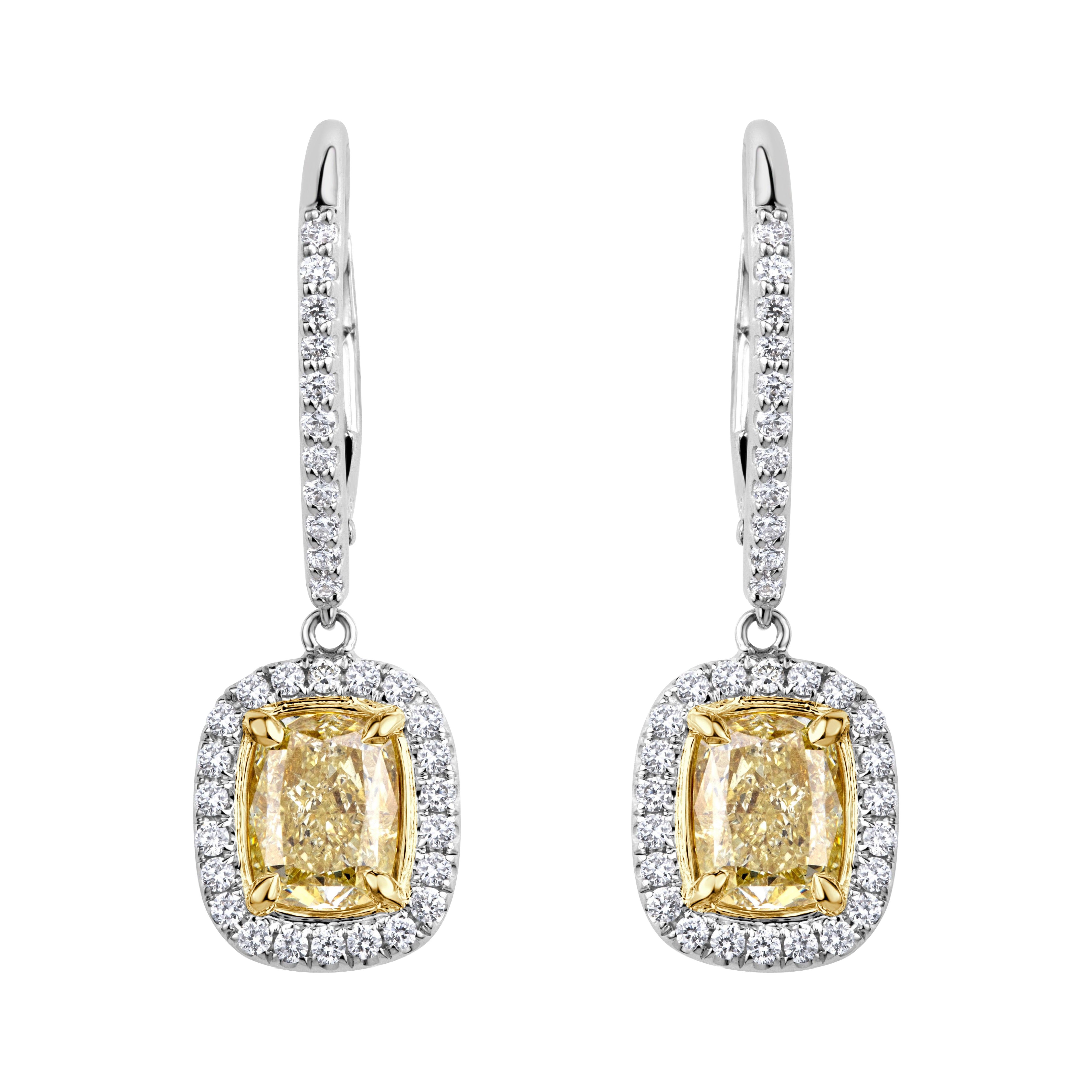 2.39ct Fancy Yellow Cushion Cut Diamond Dangle Earrings