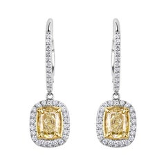 2.39ct Fancy Yellow Cushion Cut Diamond Dangle Earrings