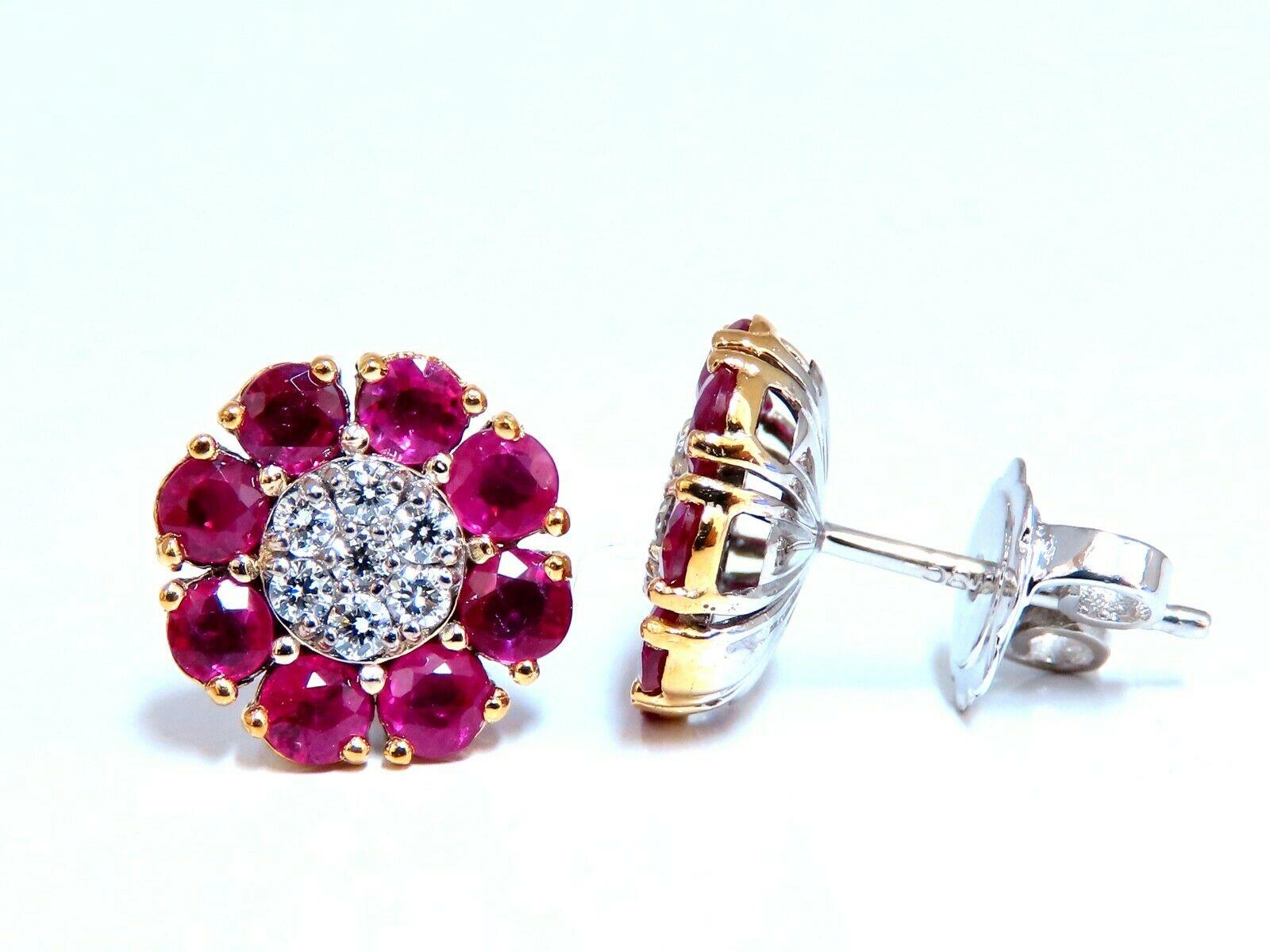2.39Ct Natural Ruby Diamond Cluster Earrings 14 Karat Stud Cocktail In New Condition For Sale In New York, NY