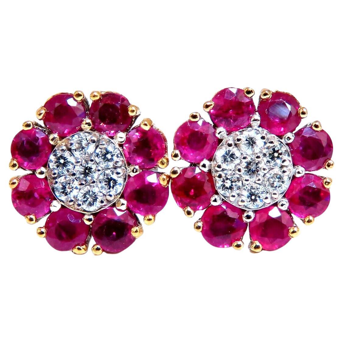 2.39Ct Natural Ruby Diamond Cluster Earrings 14 Karat Stud Cocktail For Sale