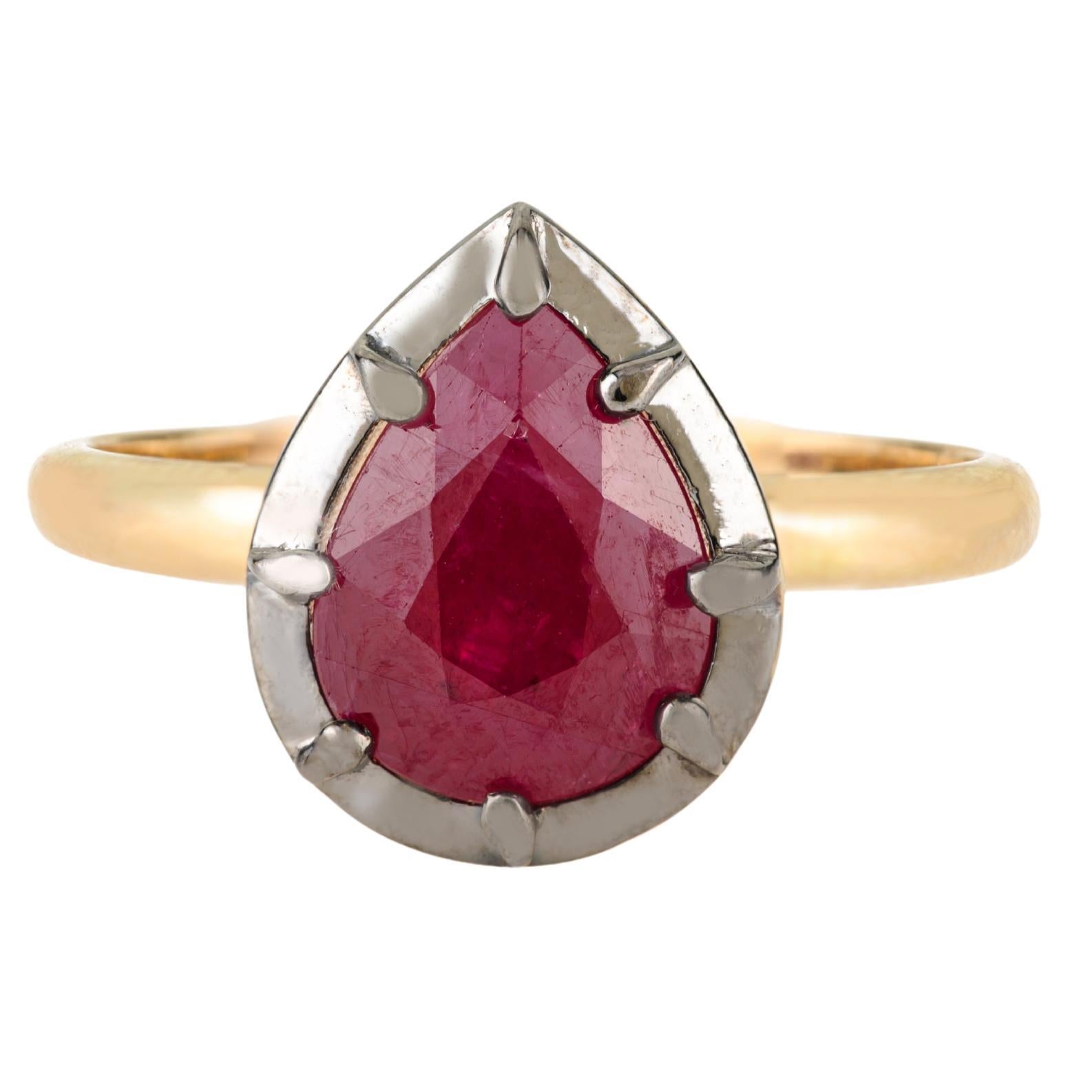 2.39Ct Pear Cut Natural Ruby Solitaire Ring 18K Yellow Gold with Black Rhodium