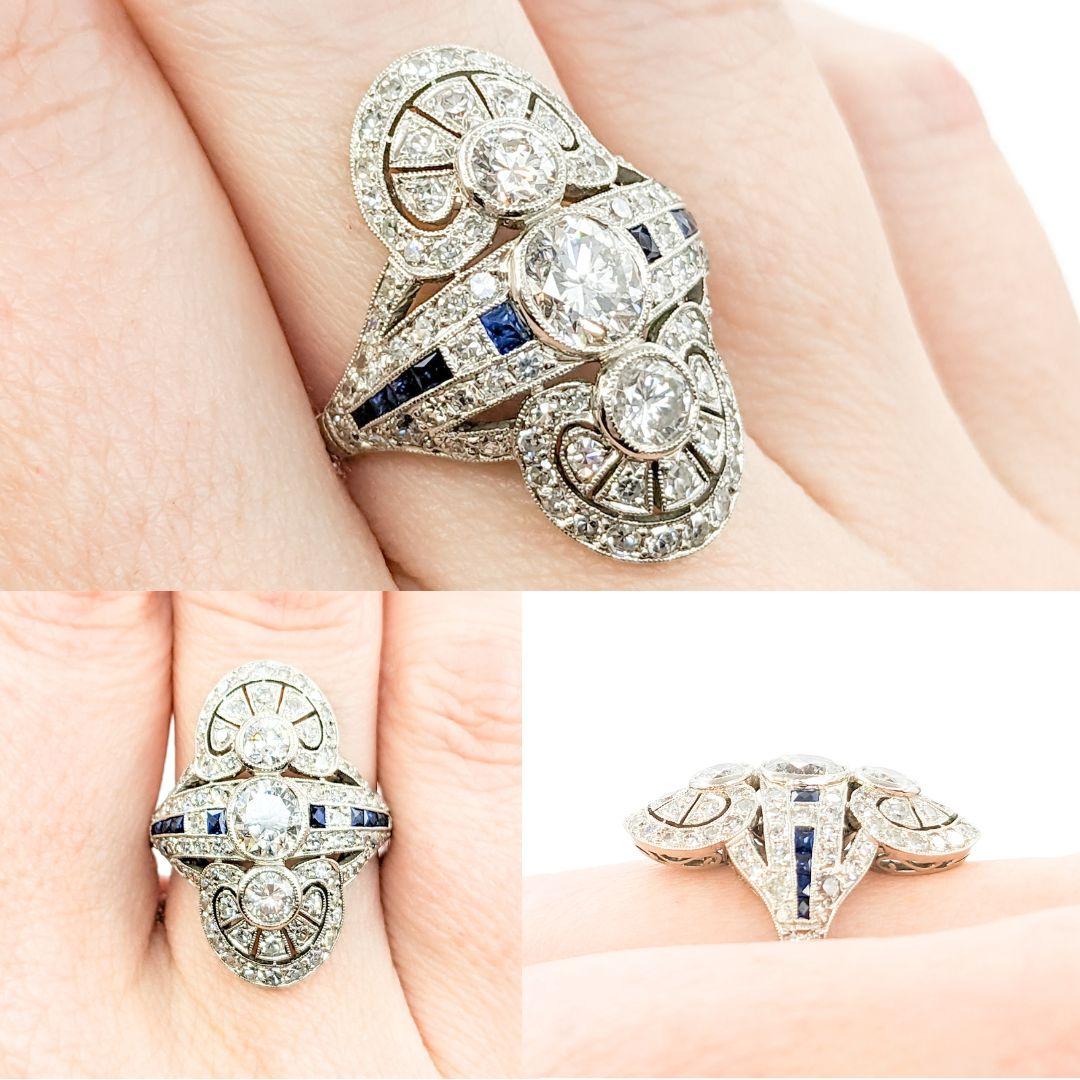 2.39ctw Old European Cut Diamond, Sapphire Accent Mid-Century Ring in Platinum

Introducing this beautiful Vintage Ring, crafted in platinum. The ring features a 2.39ctw European and single cut diamond centerpiece, accented with .40ctw sapphires.