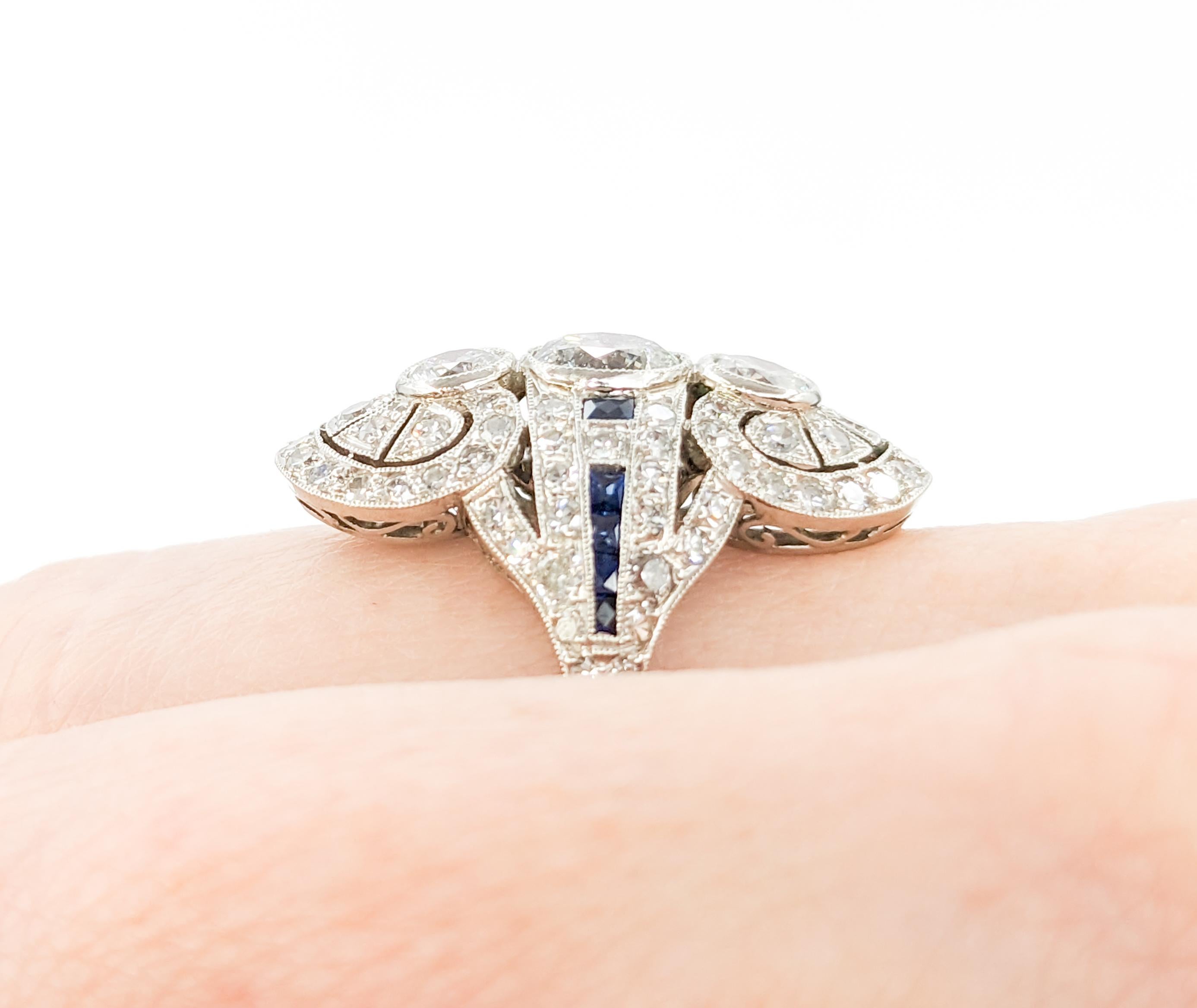Retro 2.39ctw Old European Cut Diamond, Sapphire Accent Mid-Century Ring in Platinum