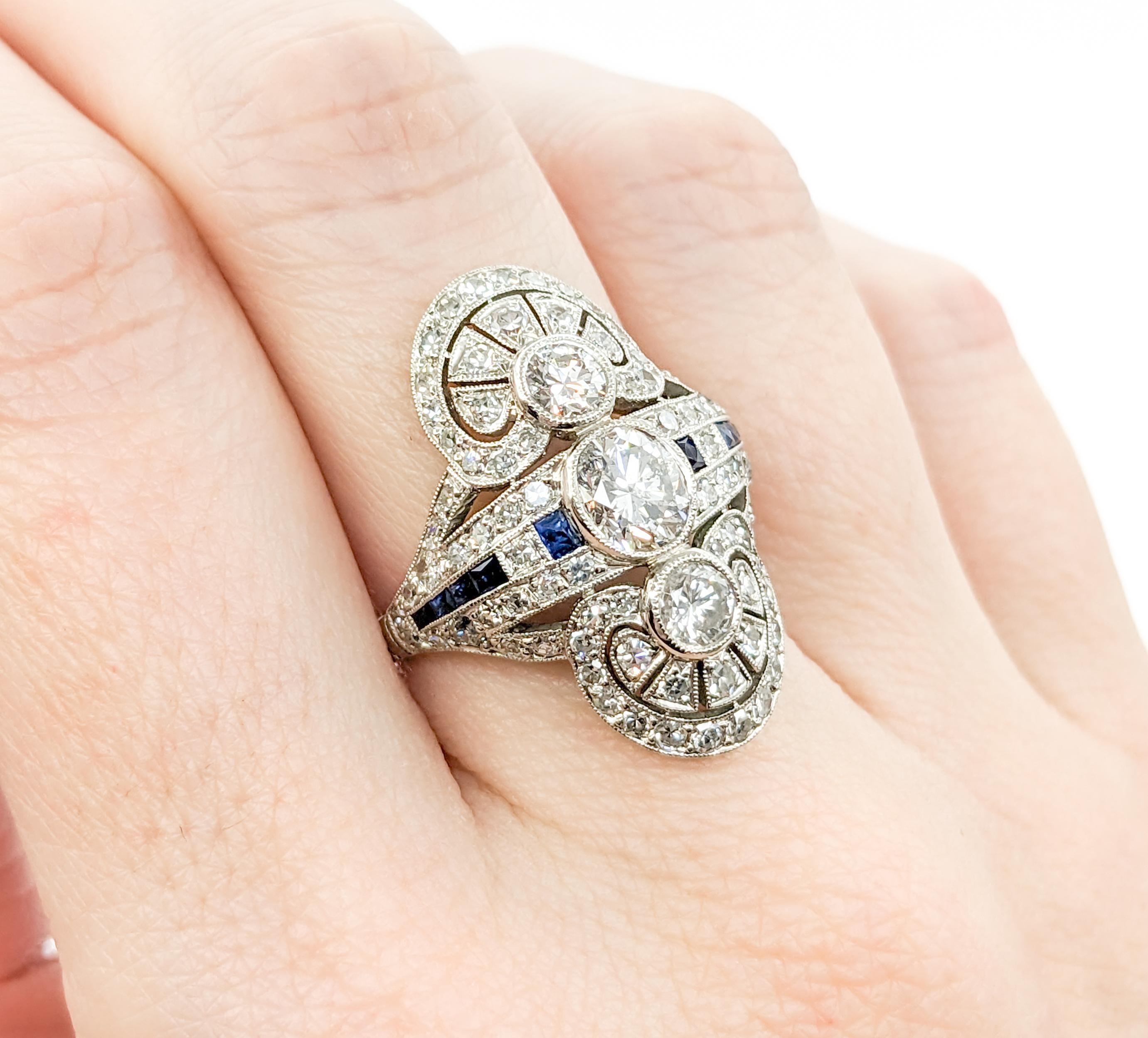 2.39ctw Old European Cut Diamond, Sapphire Accent Mid-Century Ring in Platinum In Excellent Condition In Bloomington, MN
