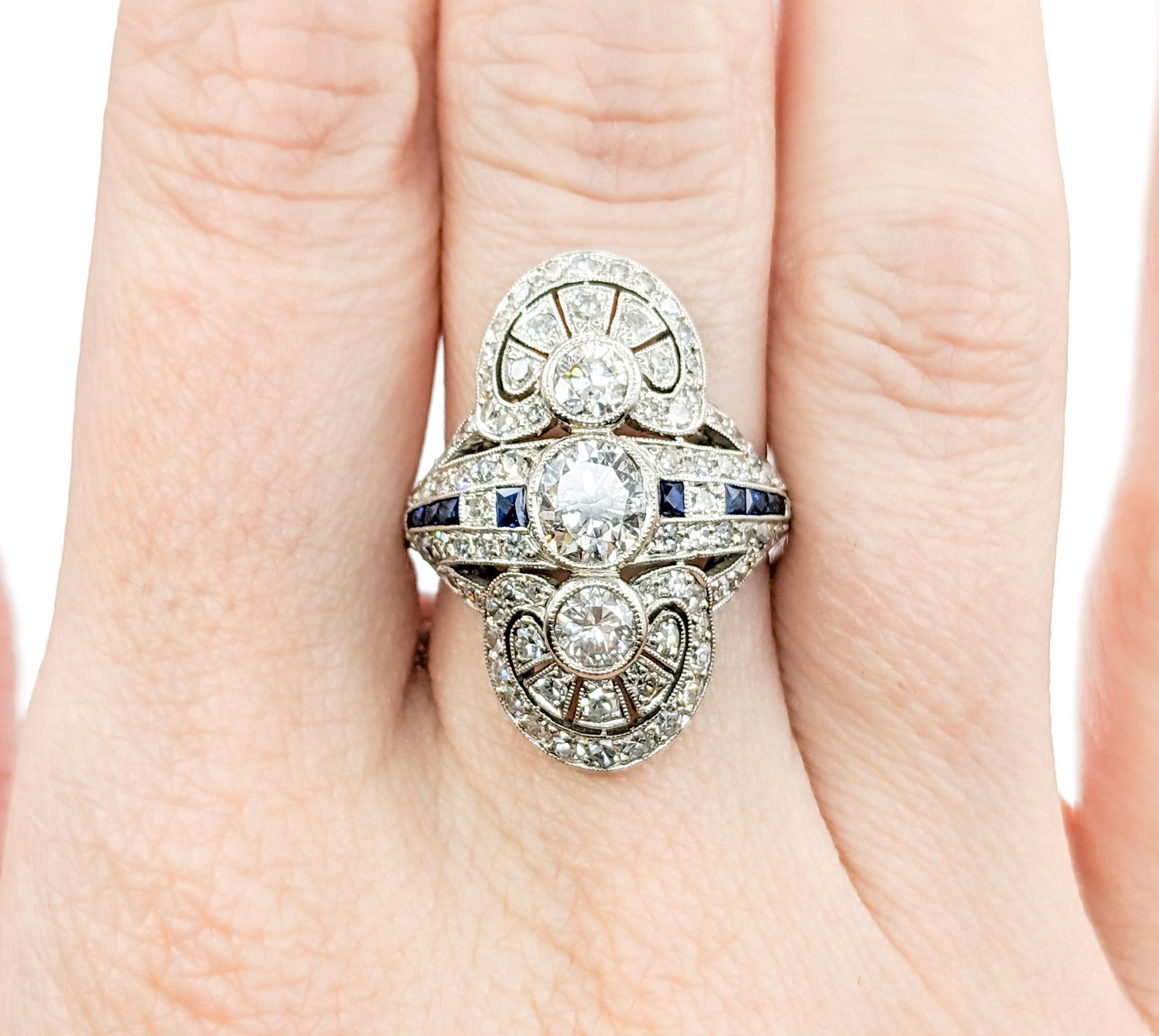 Women's 2.39ctw Old European Cut Diamond, Sapphire Accent Mid-Century Ring in Platinum