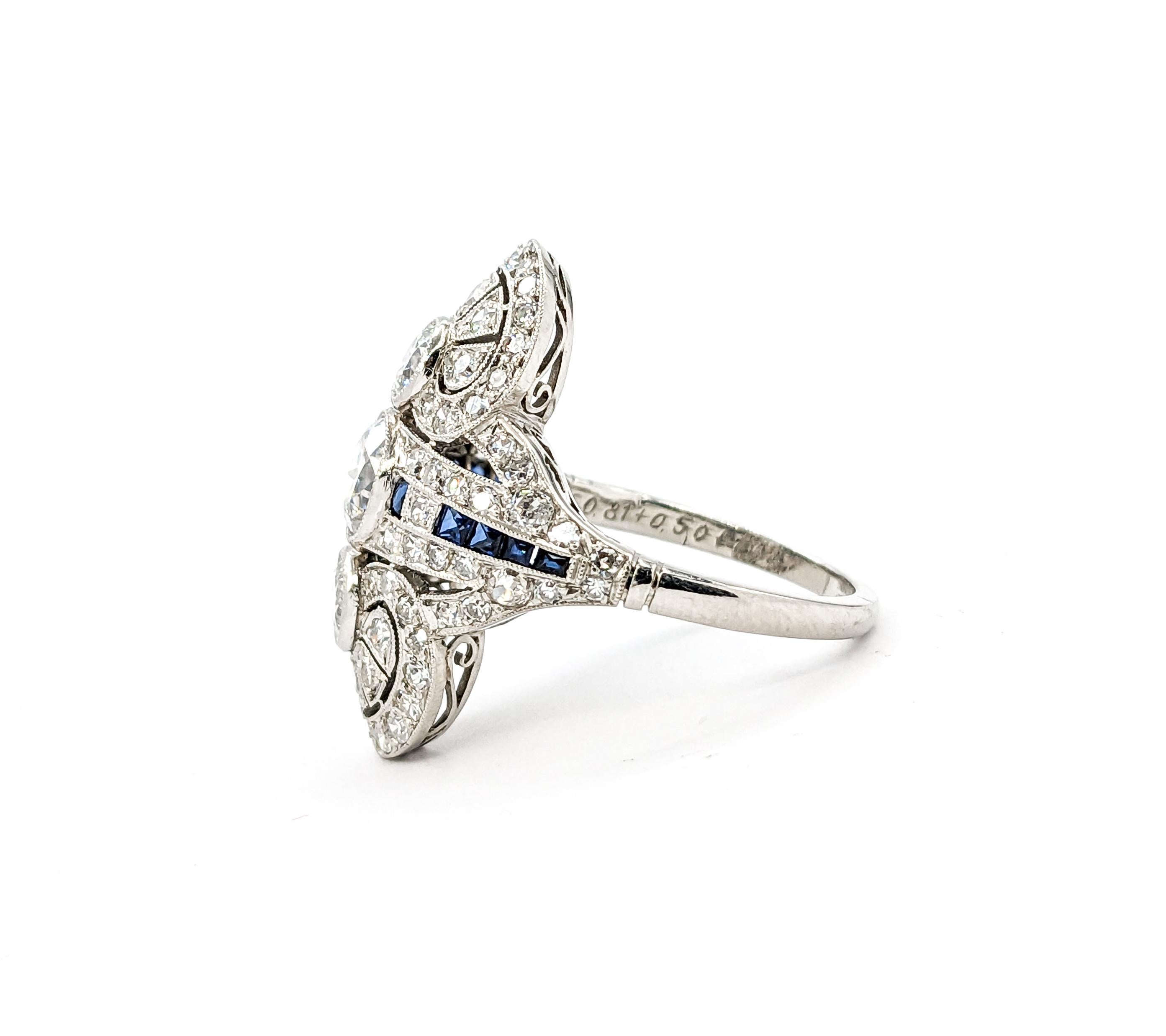 2.39ctw Old European Cut Diamond, Sapphire Accent Mid-Century Ring in Platinum 4