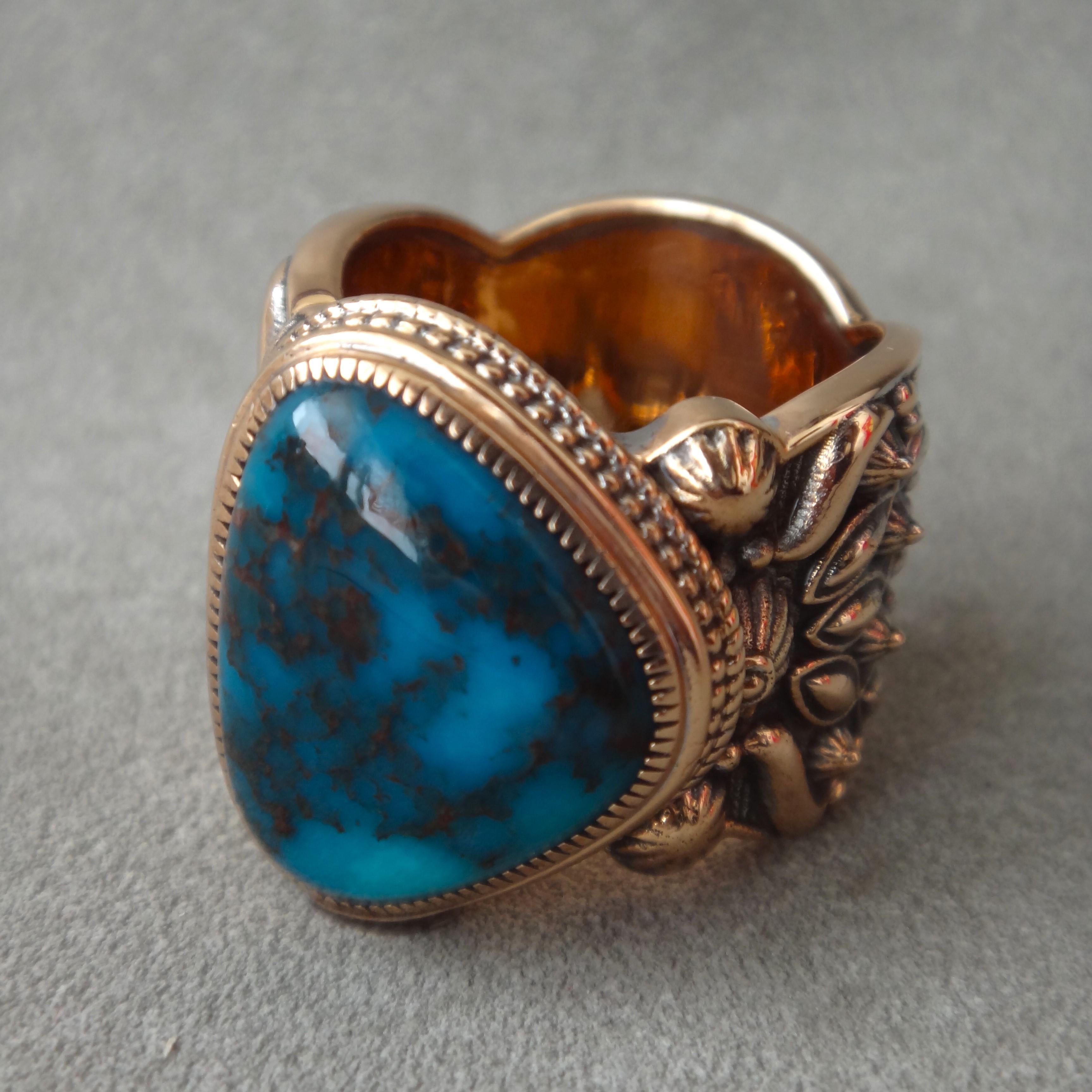 23Carat Natural Dark Blue Large Bisbee Turquoise 18Karat Rose Gold Ring In New Condition For Sale In Shanghai, CN