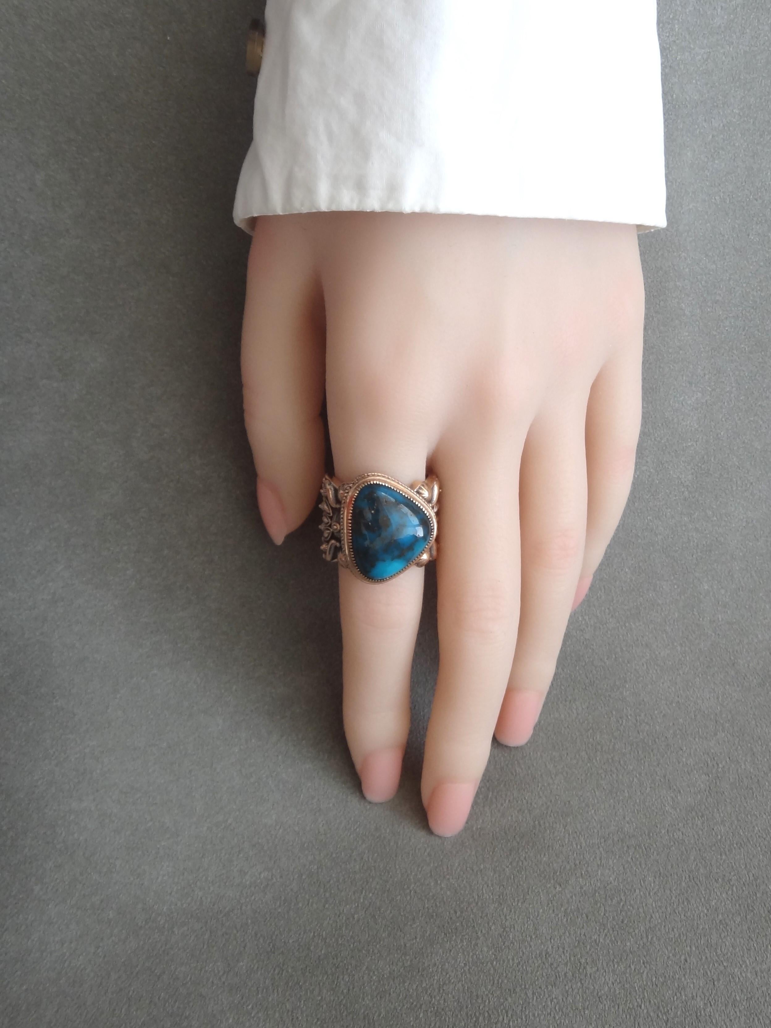 23Carat Natural Dark Blue Large Bisbee Turquoise 18Karat Rose Gold Ring For Sale 10