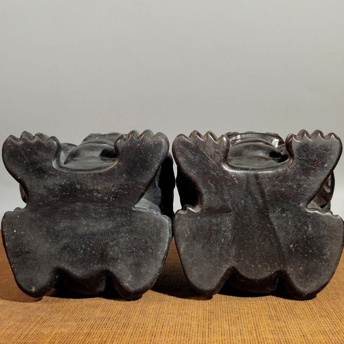 23cm Vintage Chinese Auspicious Wood Lions Pair Sculptures For Sale 6