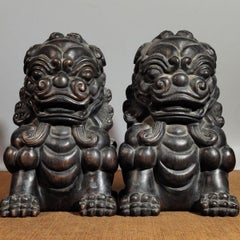 23cm Vintage Chinese Auspicious Wood Lions Pair Sculptures