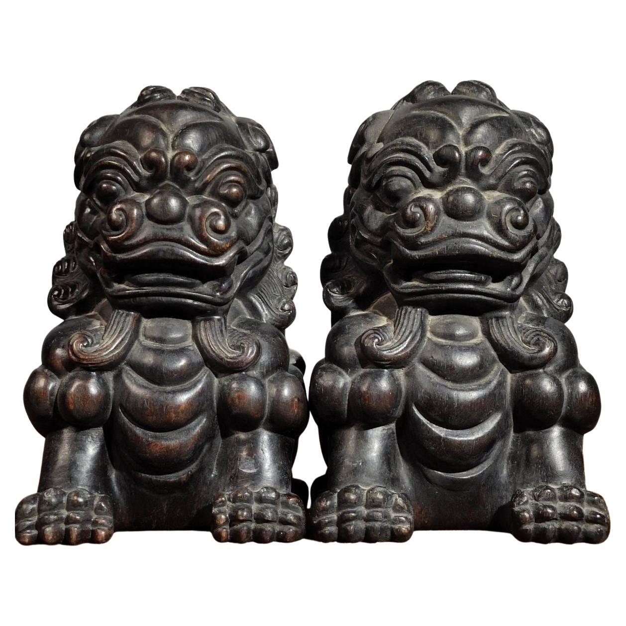 23cm Vintage Chinese Auspicious Wood Lions Pair Sculptures