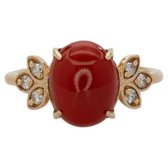 2.3Ct Italian Coral Ring with Natural Diamond Accents: Solid 14K Gold, 10x8mm