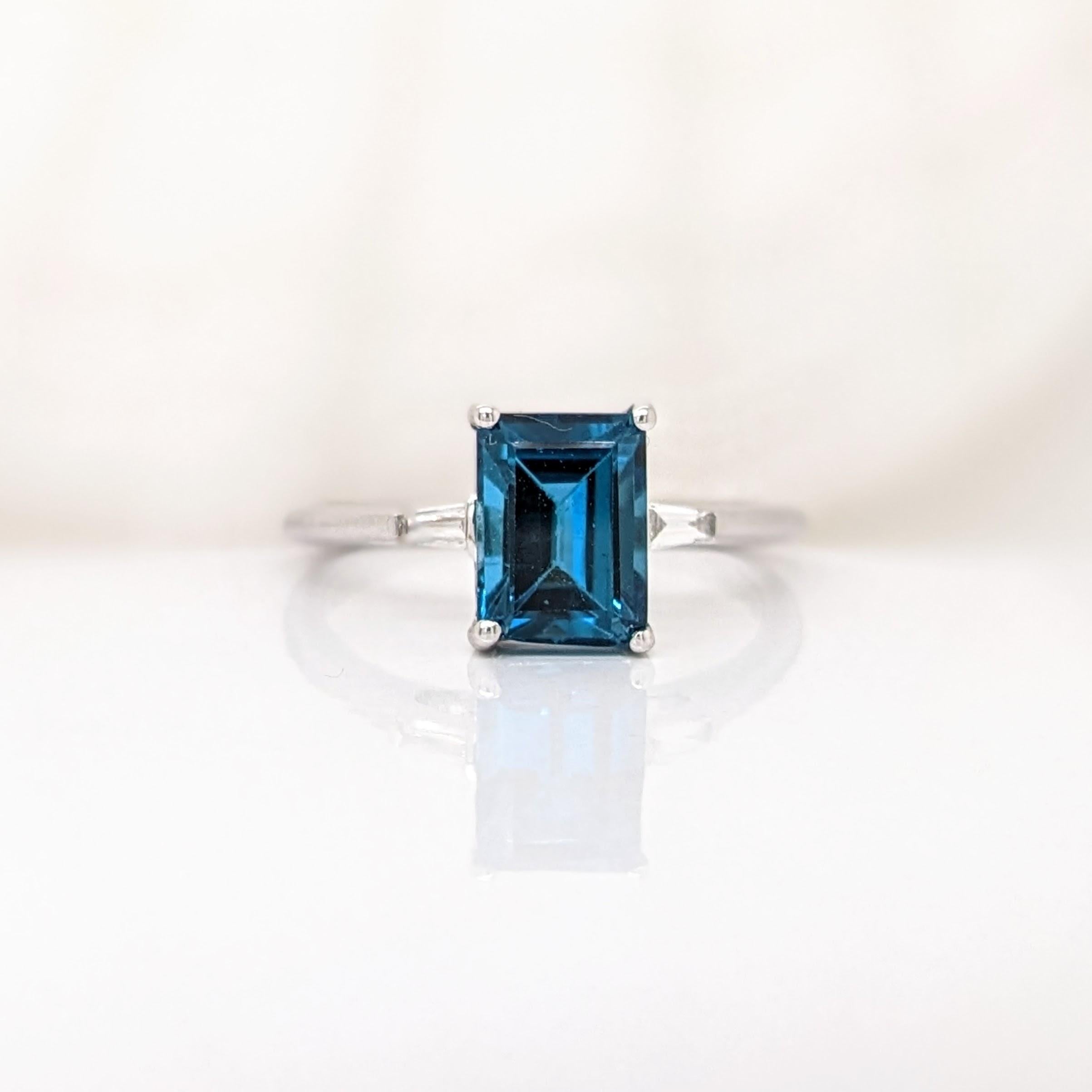 Modern 2.3ct London Blue Topaz Ring w Earth Mined Diamonds in Solid 14K Gold EM 8x6mm For Sale