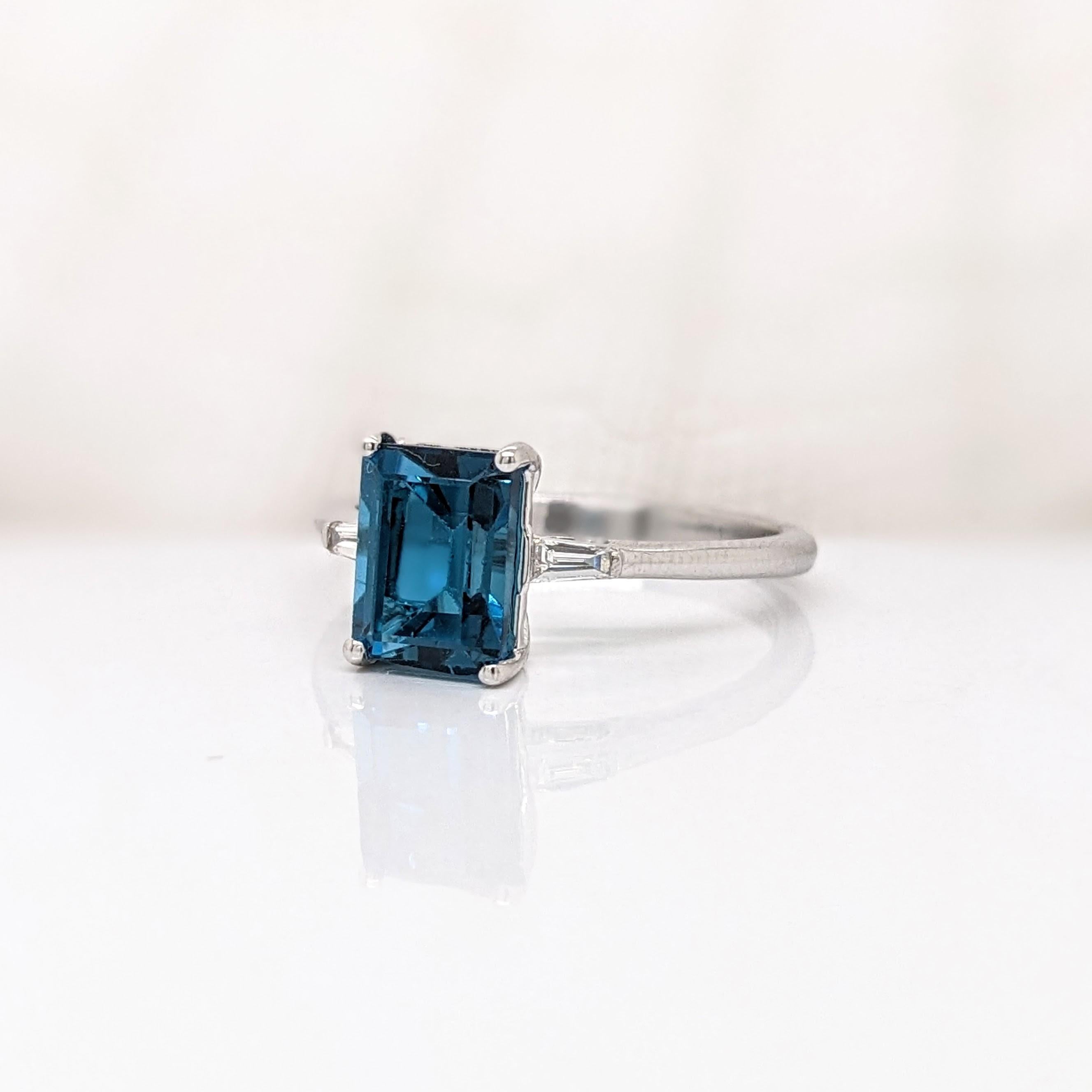 Emerald Cut 2.3ct London Blue Topaz Ring w Earth Mined Diamonds in Solid 14K Gold EM 8x6mm For Sale