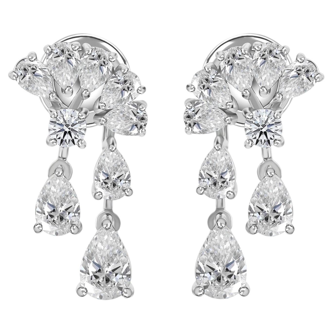 2.3Ct Pear & Round Shape Natural Diamond Cluster Drop Earrings 18K White Gold