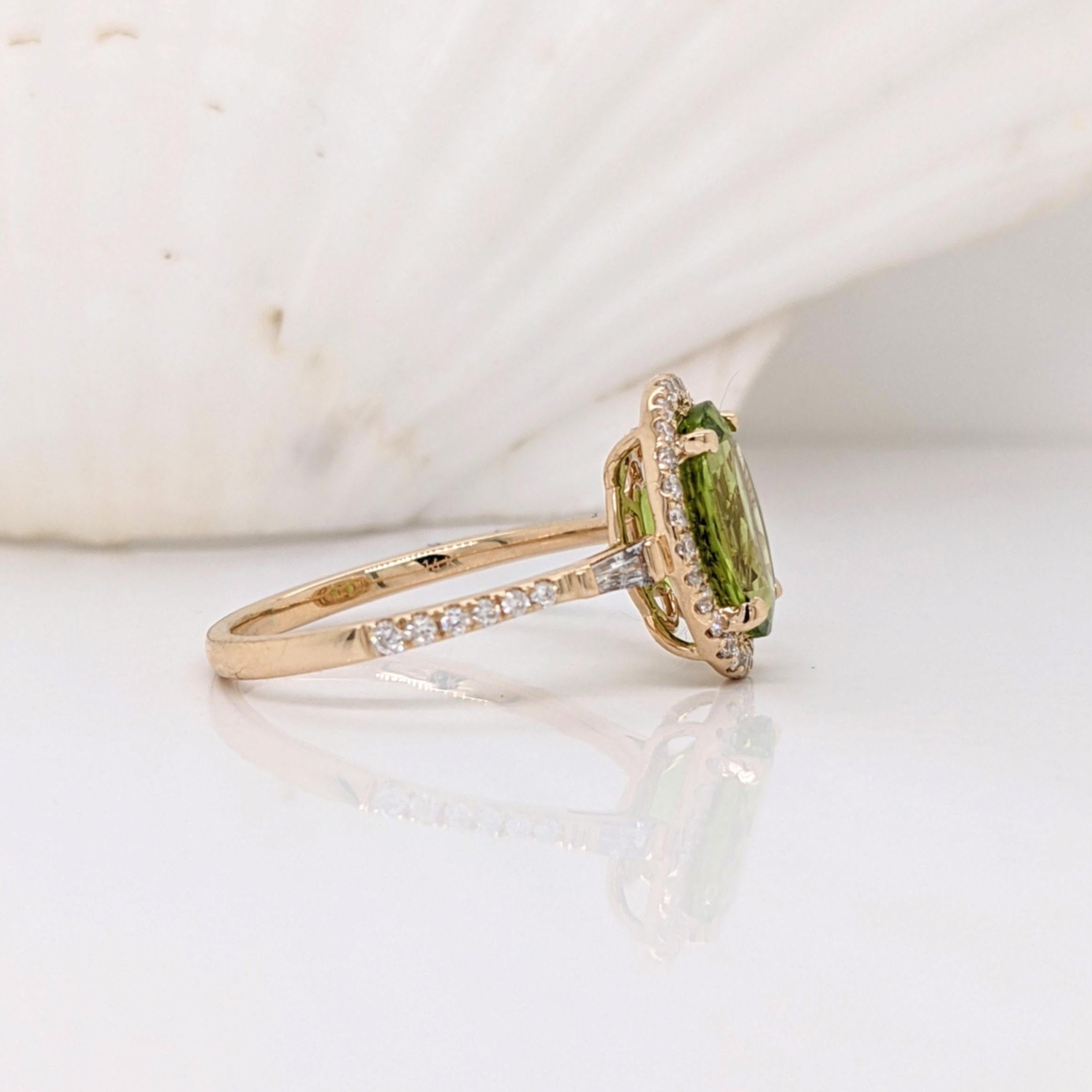 Modern 2.3ct Peridot Ring w Earth Mined Diamonds in Solid 14K Yellow Gold Oval 10x8mm For Sale