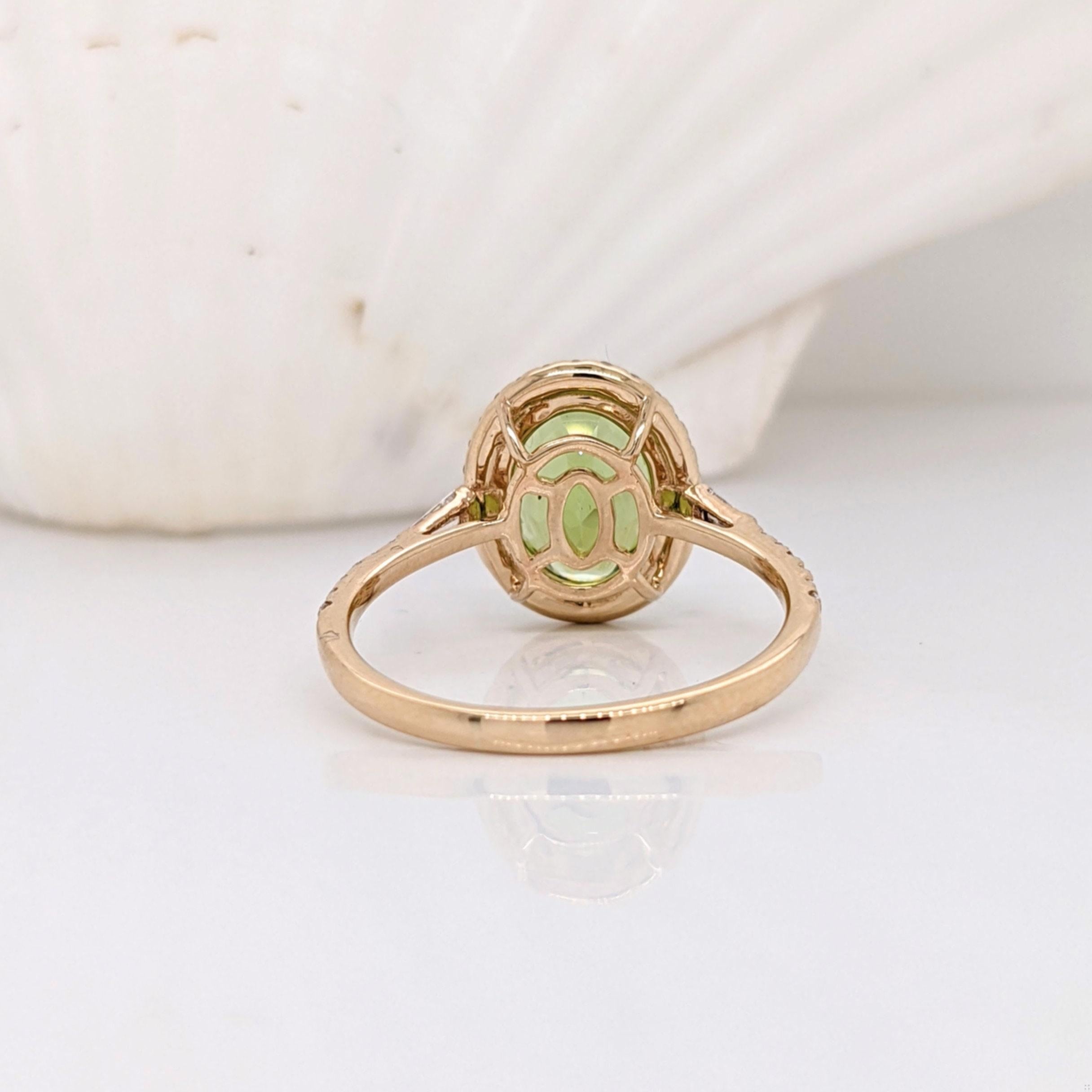 Oval Cut 2.3ct Peridot Ring w Earth Mined Diamonds in Solid 14K Yellow Gold Oval 10x8mm For Sale