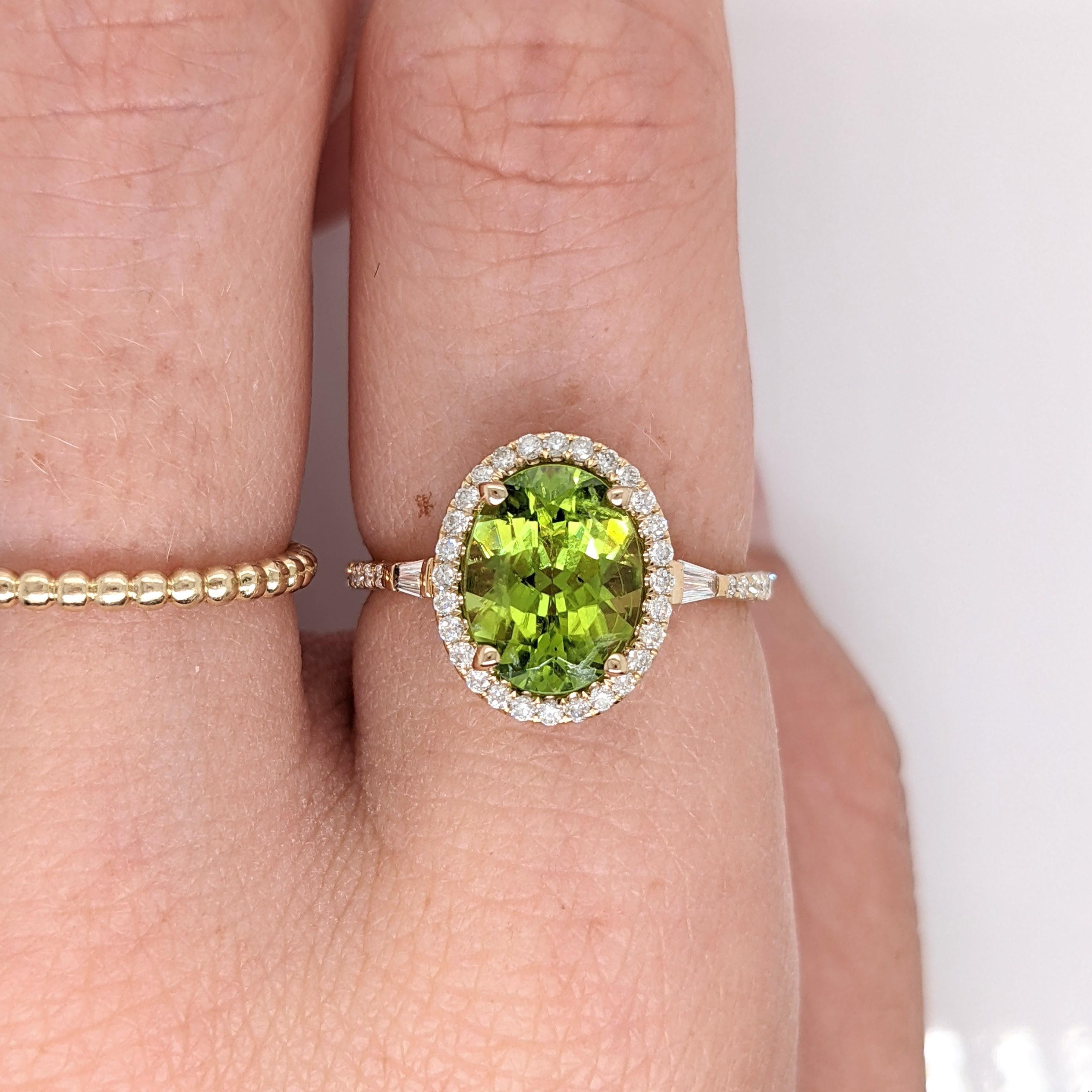 2.3ct Peridot Ring w Earth Mined Diamonds in Solid 14K Yellow Gold Oval 10x8mm In New Condition For Sale In Columbus, OH