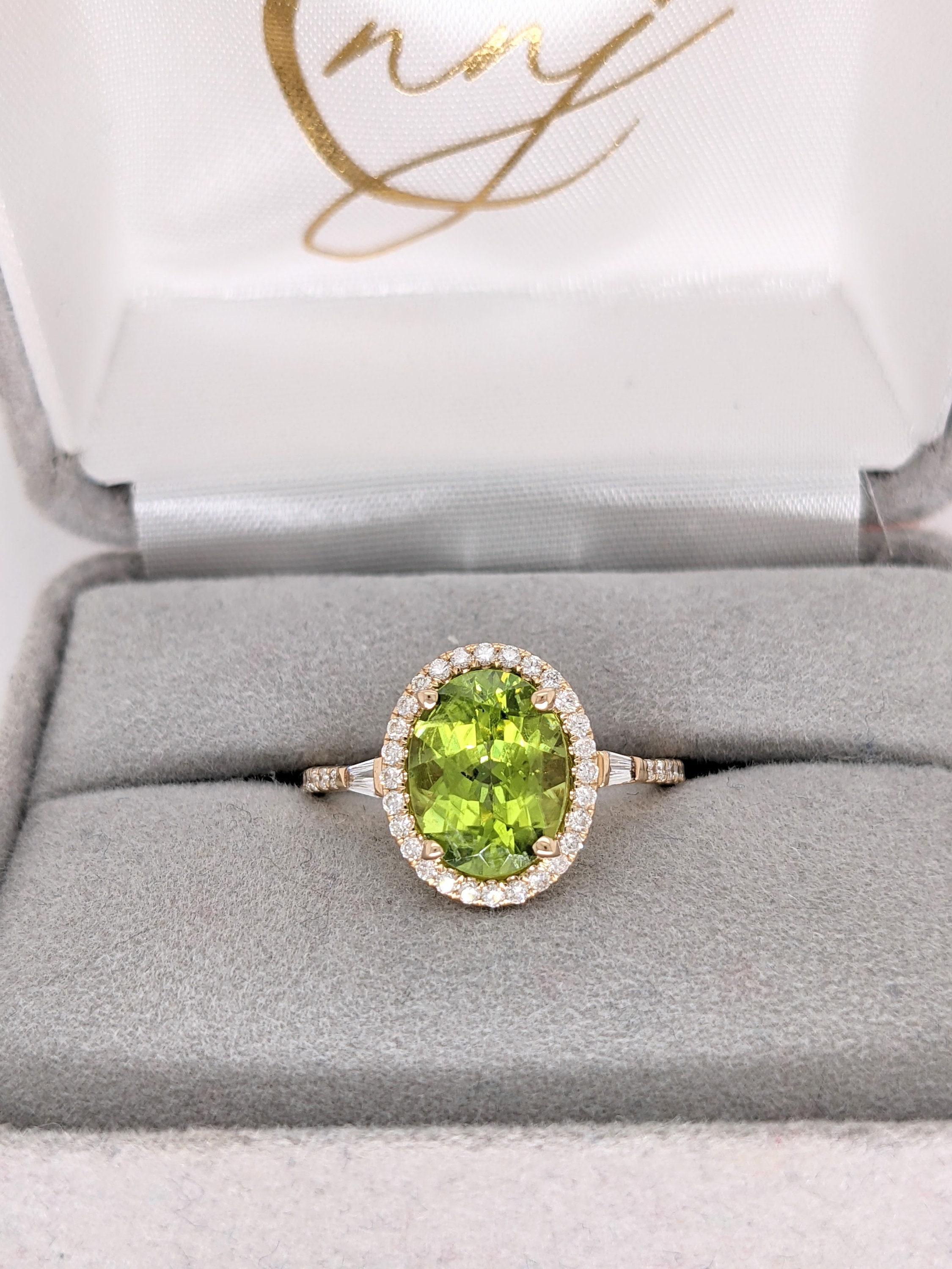 2.3ct Peridot Ring w Earth Mined Diamonds in Solid 14K Yellow Gold Oval 10x8mm For Sale 1