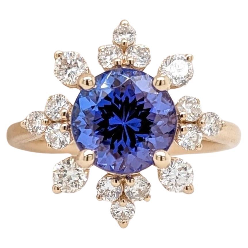2.3ct Tanzanite Ring w Earth Mined Diamonds in Solid 14k Yellow Gold Round 8.3mm For Sale