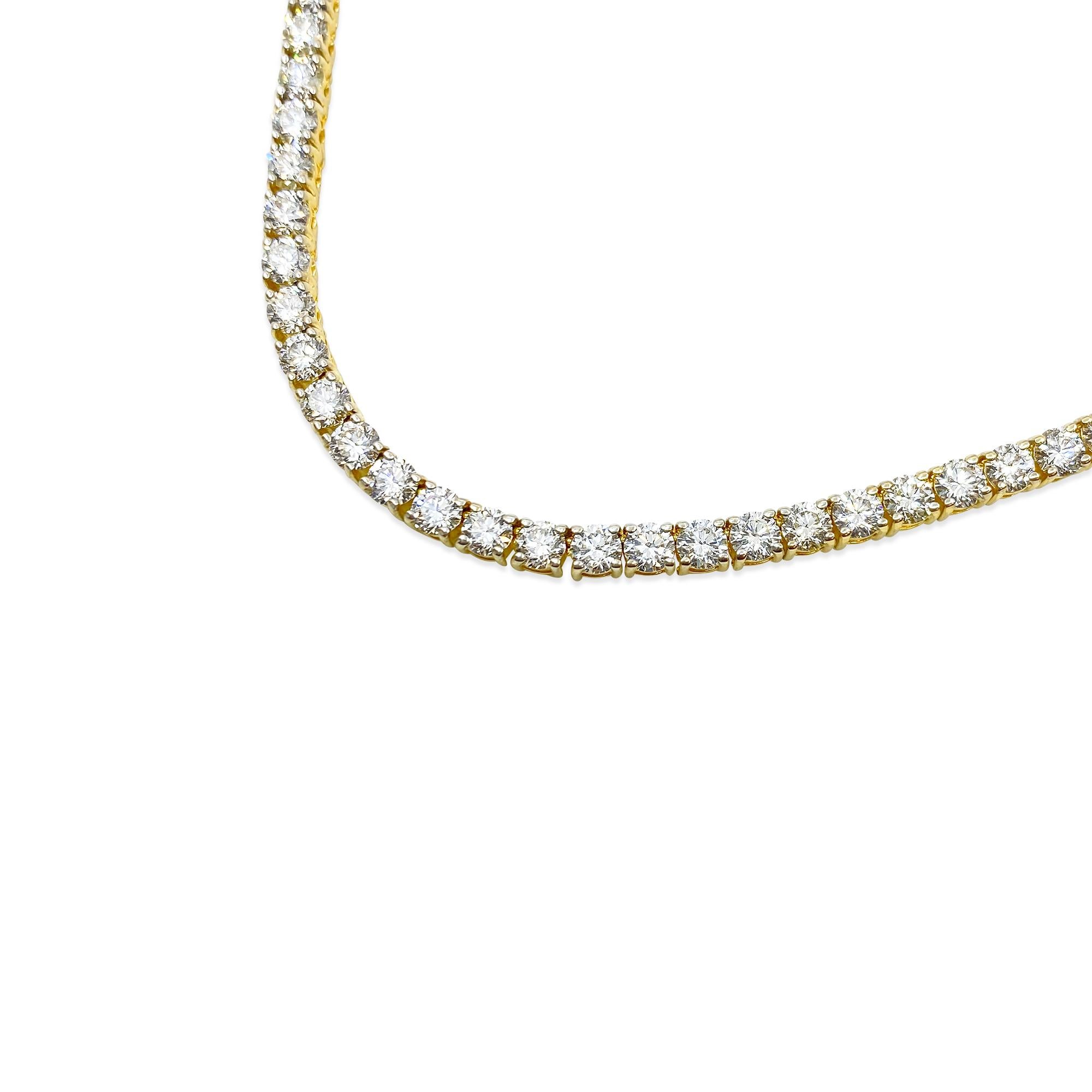 Crafted from 14-karat yellow gold, this exquisite necklace features a remarkable 23 carats of diamonds, boasting very high to slightly included clarity (VVS-VS) and an H color grade. The necklace, measuring 24 inches in length, showcases round